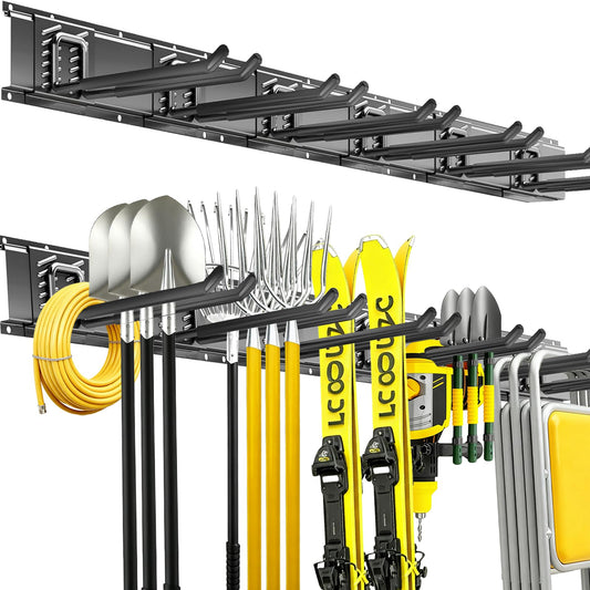 CRXCRC Garage Tool Organizer Wall Mount, 48 Inch Heavy Duty Garden Tool Organizer Storage System, Easy Install with 6 Adjustable Straight Hooks, for Garage, Basement, Shed, Workshop, Black, Steel