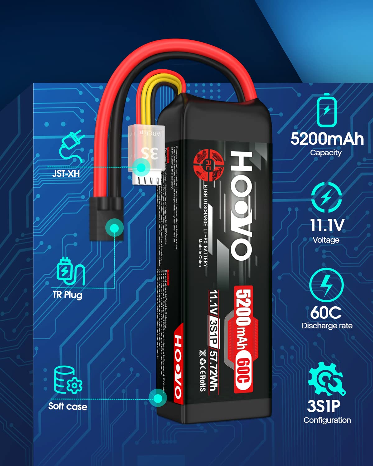 HOOVO 11.1V 3S LiPo Battery 5200mAh 60C with Tr Plug for RC Car RC Truck Airplane Helicopter Boat Car Racing RC Hobby, 2 Packs