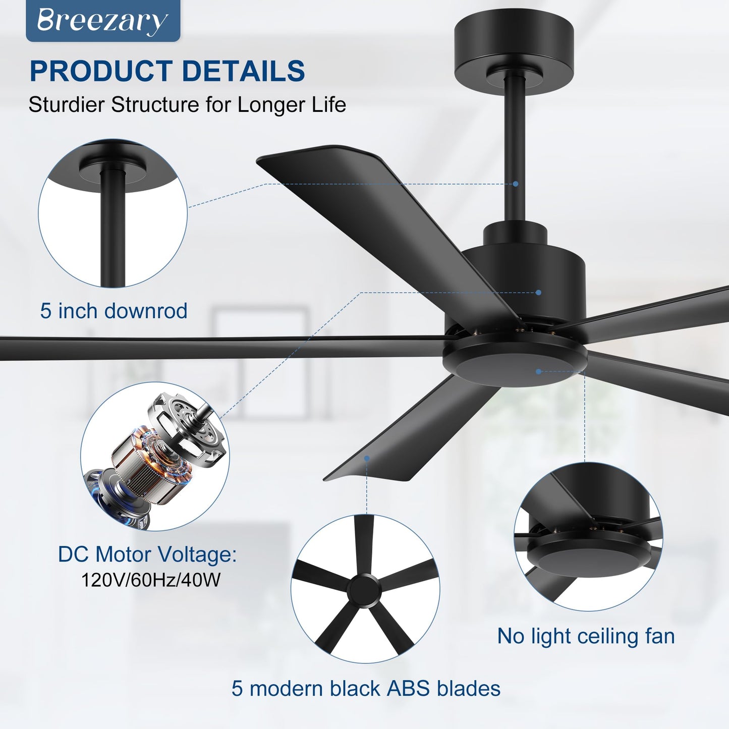 52 inch 5 Blade Ceiling Fans without Light Remote Control, Quiet Reversible DC Motor, 5 Black Blades, 6-Speed, Industrial Ceiling Fan for Home Kitchen (Black)