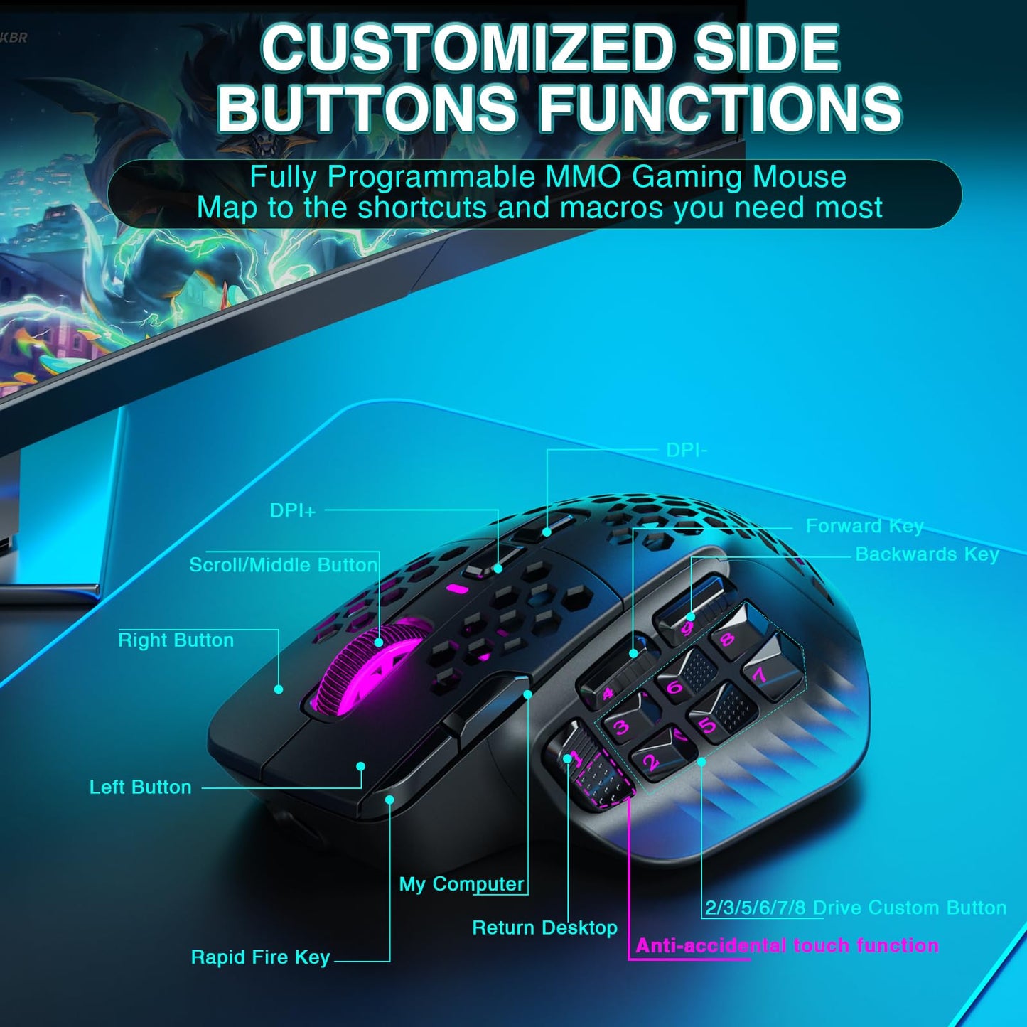 SOLAKAKA SM809 Pro Wireless MMO Gaming Mouse with 9 Side Buttons,24000 DPI,Triple Connectivity (2.4G/BT/Wired) RGB MMO Mouse for Gamer,16 Programmable Macros,Up to 350H Battery Life,Black