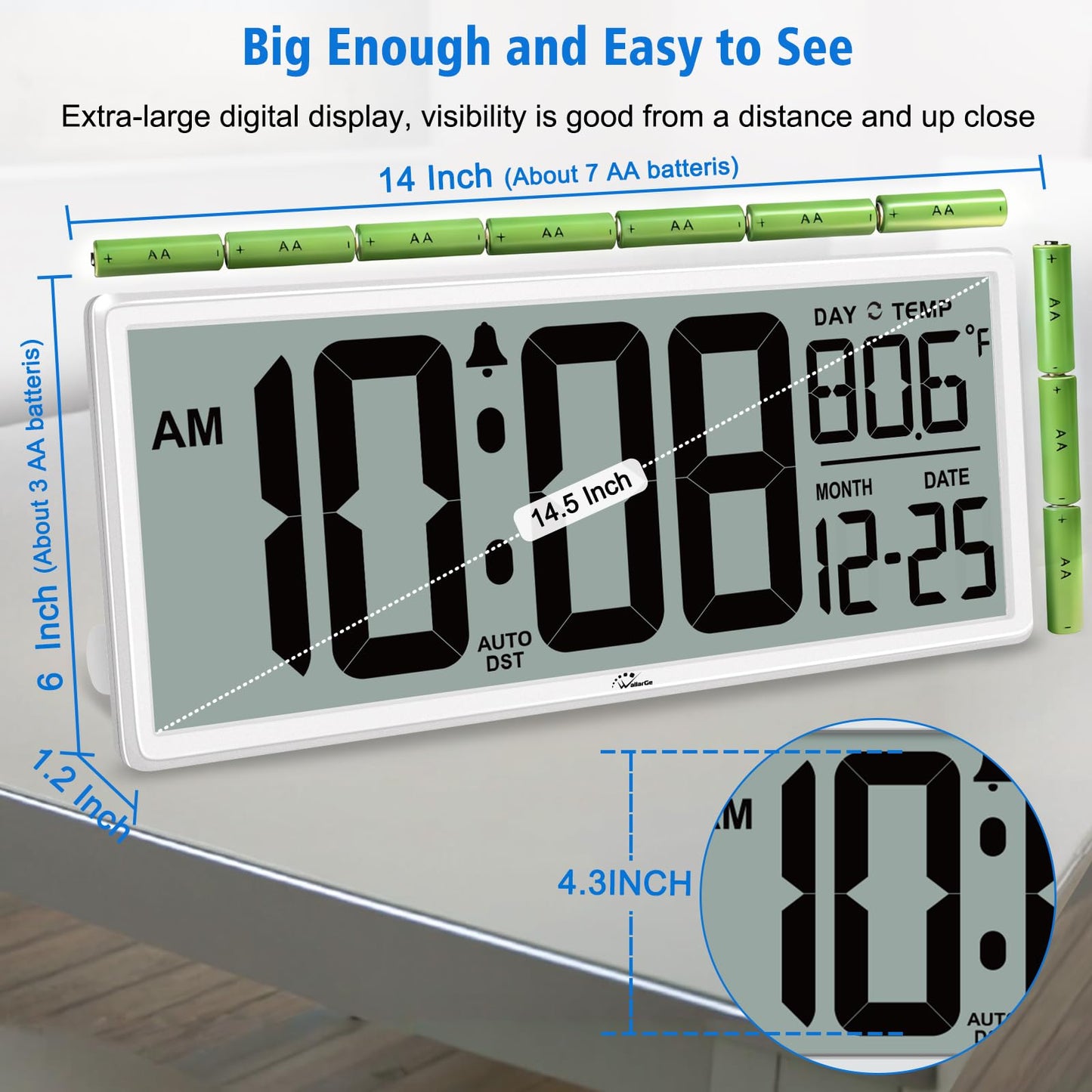 WallarGe Backlight Digital Wall Clock Battery Operated - with Temperature and Date 14.5'' Large Digital Wall Clock, Easy to Read and Set, Auto DST