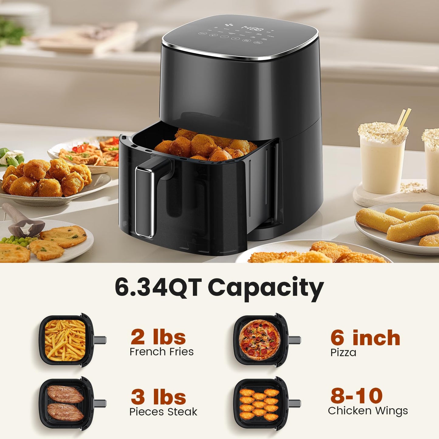 KMFurnila Air Fryer, 6QT Square Airfryer with Visual Window, 400°F Fast Heating Air Fryers Oven with Timer, Auto-Off, Non Toxic & Non Stick, Multiple 12 Modes for Roast, Bake, Dehydrate, Fry, Reheat