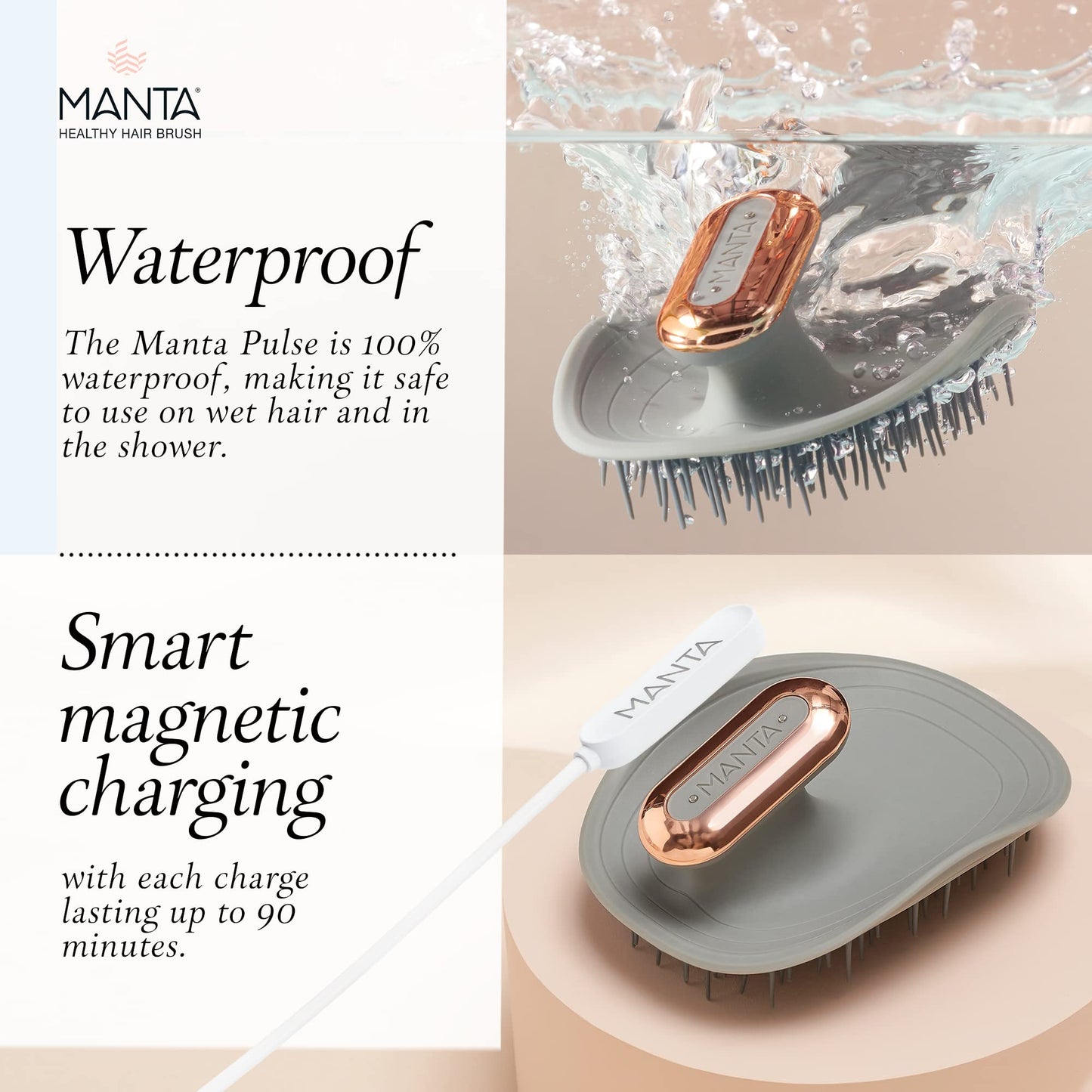 MANTA Pulse Electric Scalp Massager Shampoo Brush, Promotes Healthy Hair Growth, Head Scalp Scrubber, Hair Massager Scalp Exfoliation Brush, Use Dry or Wet, Waterproof Shower Brush for Hair, Grey