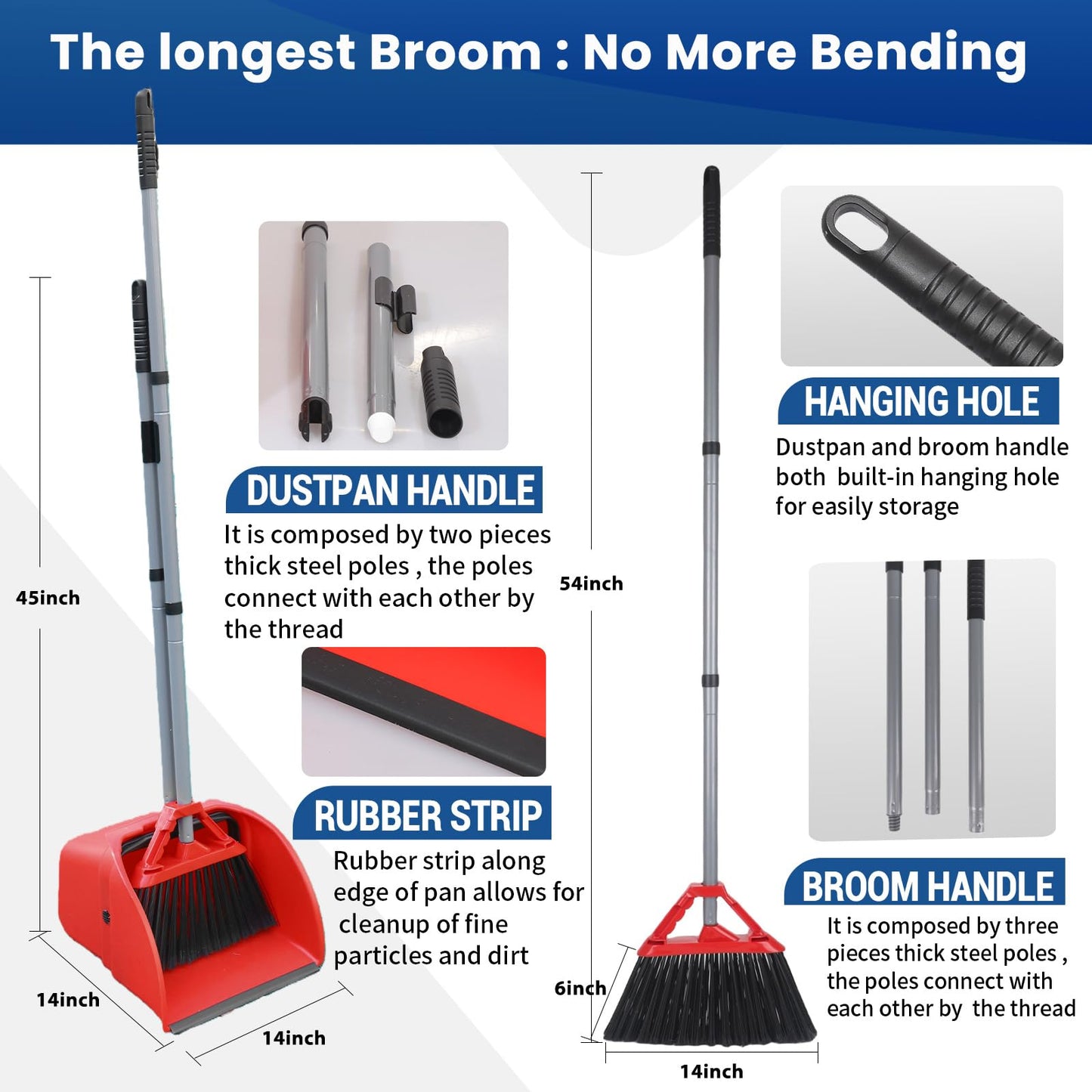 Commercial Broom and Dustpan Set, Jumbo Lobby Debris Dustpan (14inch*14inch), Heavy Duty Broom (14inch Width), 2 Sets, Red,for Indoor and Outdoor Cleaning,Red