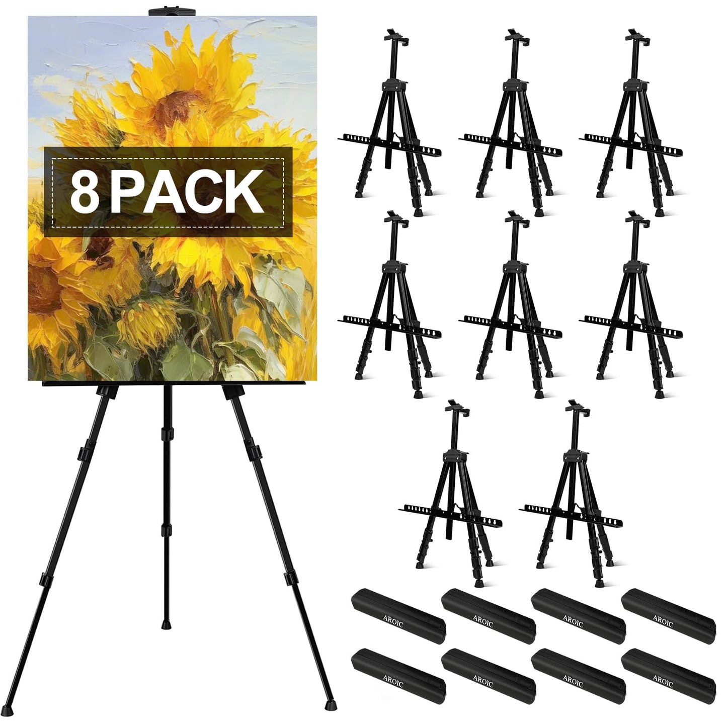 AROIC 8 Pack Painting Display Easel Stand Portable Adjustable Metal Tripod Artist Canvases Height from17to66Inch Extra Sturdy forTable-Top/Floor Painting, Drawingand Displaying,Black with8Storage Bag