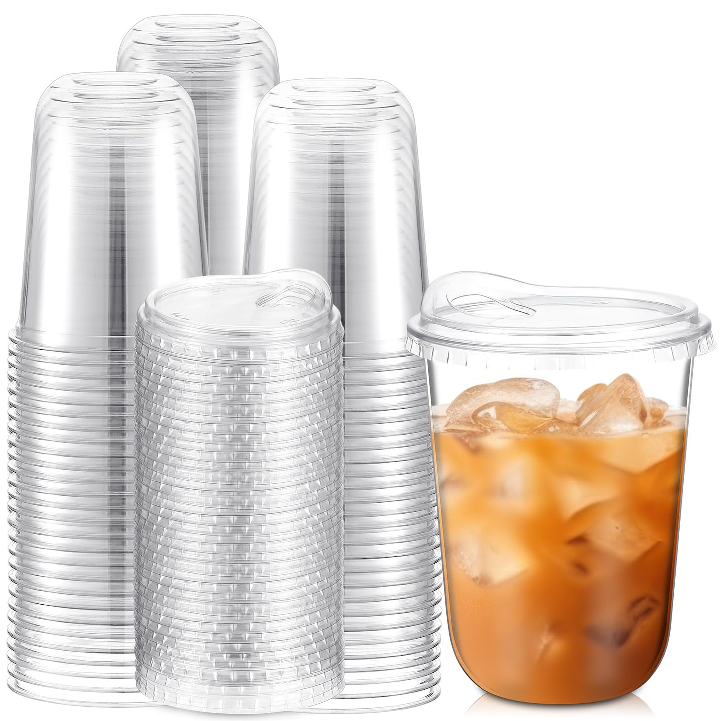Baderke Clear Plastic Cups with Strawless Sip Lids Disposable Round Bottom Togo Cups for Coffee Smoothie Cold Beverage Coffee Shops and Party Catering(16 oz,100 Pcs)
