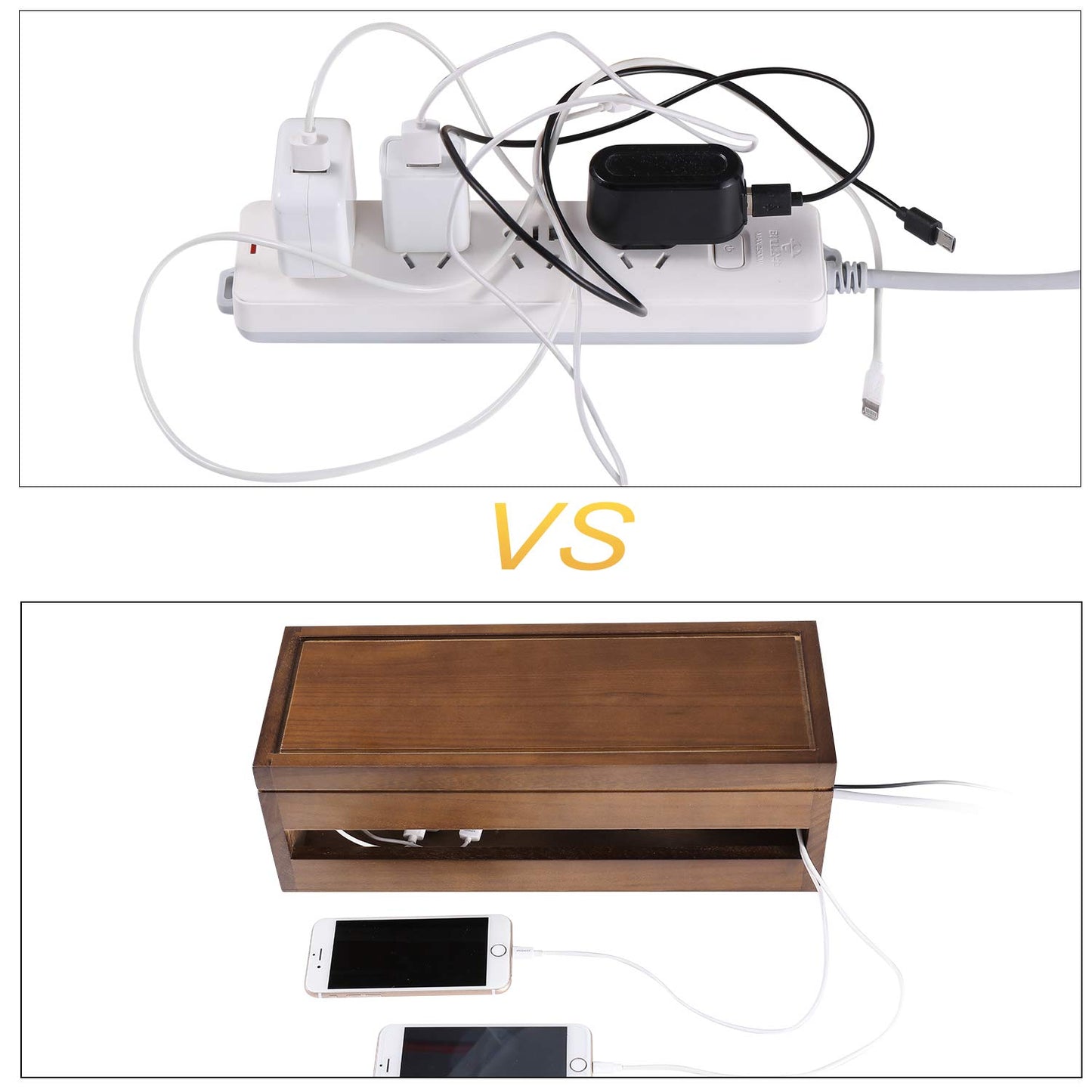 Changsuo Cable Management Box Wooden Cord Organizer Box for Extension Cord Power Stripe Surge Protector Wire Management Concealer Cover Hider for Desktop Home Office Kitchen (Brown)