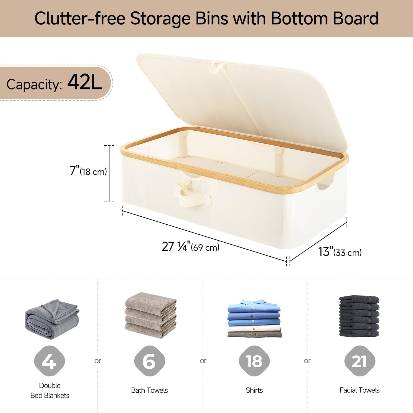 StorageWorks Underbed Storage Containers with Lids, 2-Pack 7" Low Profile Under Bed Storage Box with Bamboo Frame for Clothes, Bedding, Blankets and Shoes, 42L Sturdy Fabric Organizer, Beige