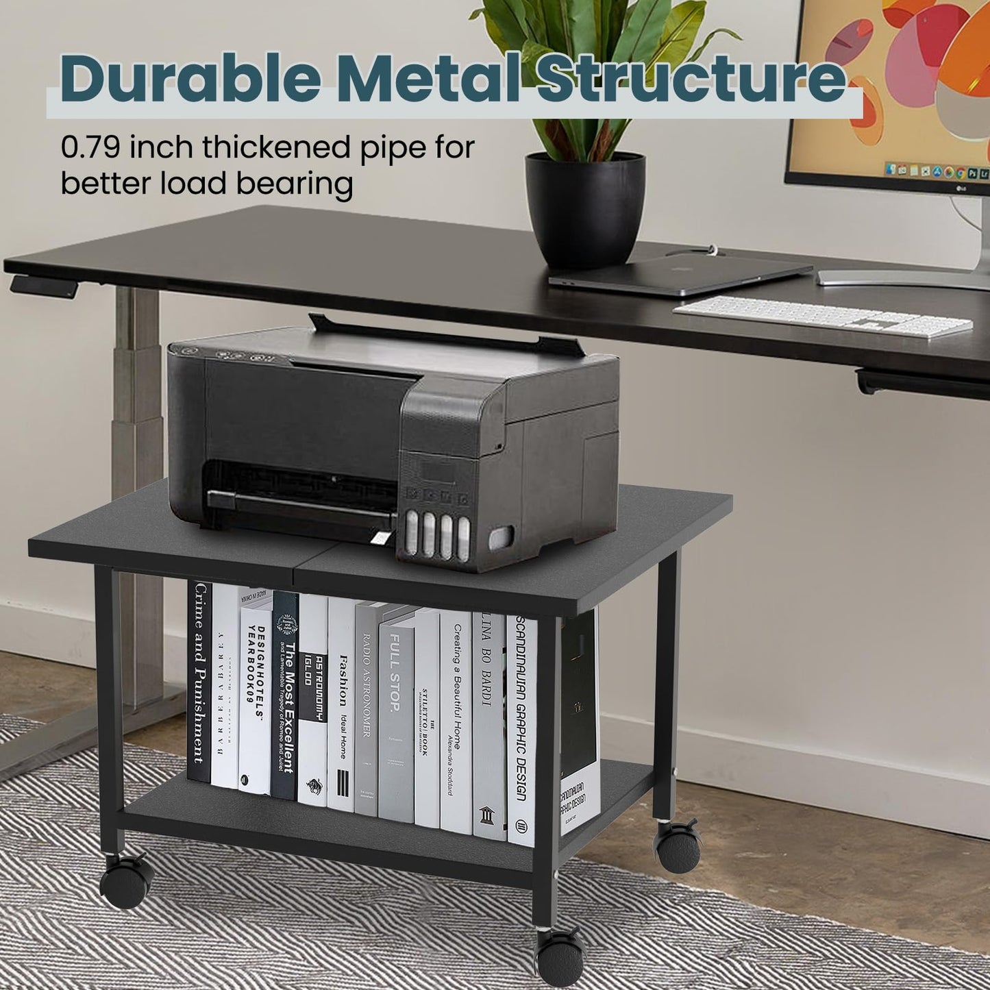 SwaaVee Printer Stand, 2-Tier Under Desk Printer Stand, Printer Cart with Wheels for Home, Office, Heavy-Duty Storage Shelf, Black
