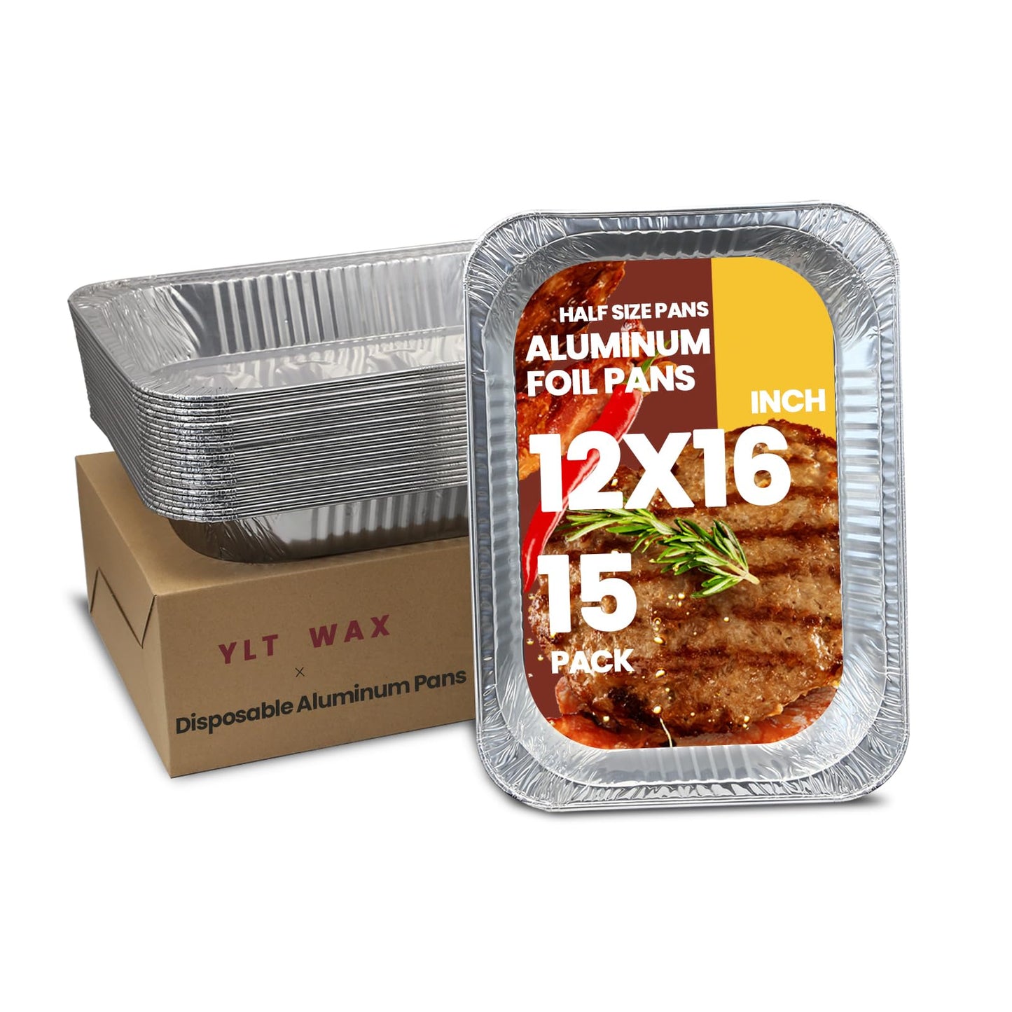YLT WAX 12x16 Aluminum Foil Pans, 15 Pack Disposable Full Size Large Baking Pan for Roasting, Restaurants, Cooking, Heating, Buffets