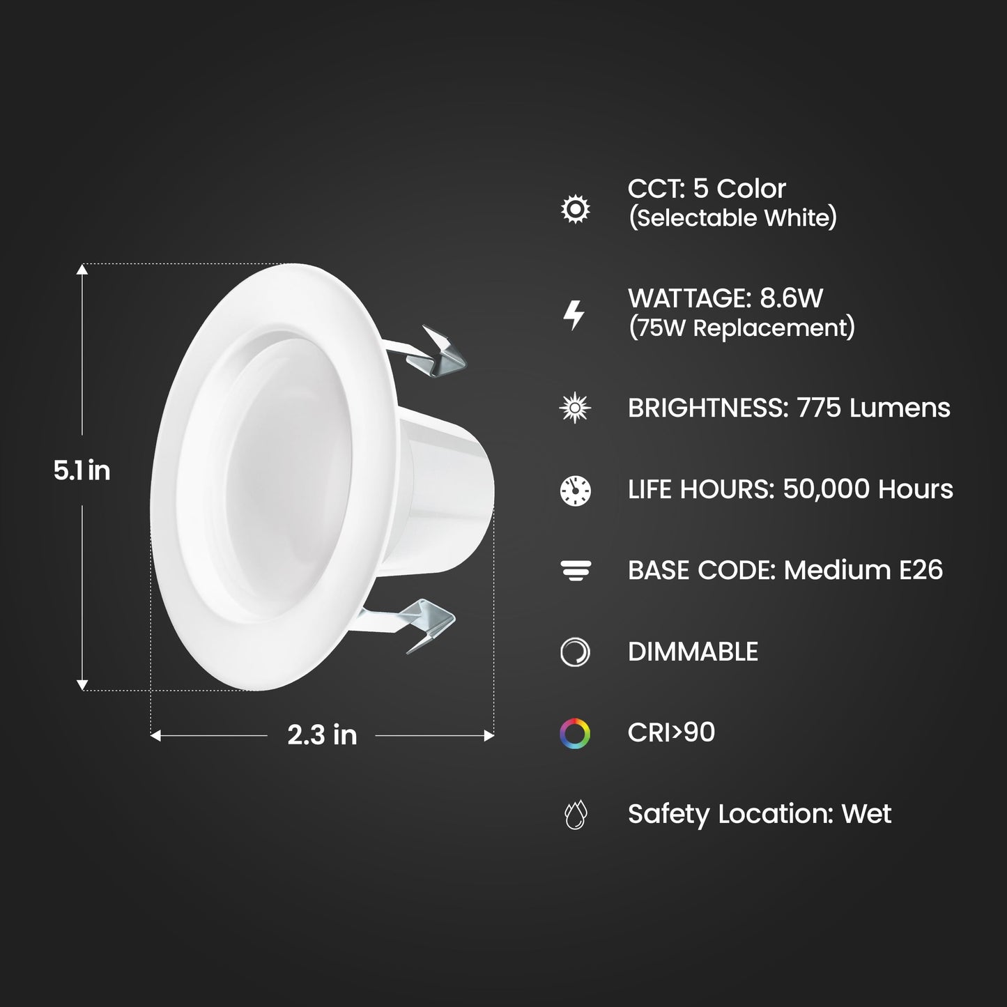 Feit Electric 4 Inch LED Recessed Downlight with Lumen Select, 75W Equivalent, Dimmable, 775 Lumens, 5CCT Selectable White 2700K–5000K, 90+ CRI, 50,000-Hour Lifetime, LEDR4HO/6WYCA/4, 4 Pack