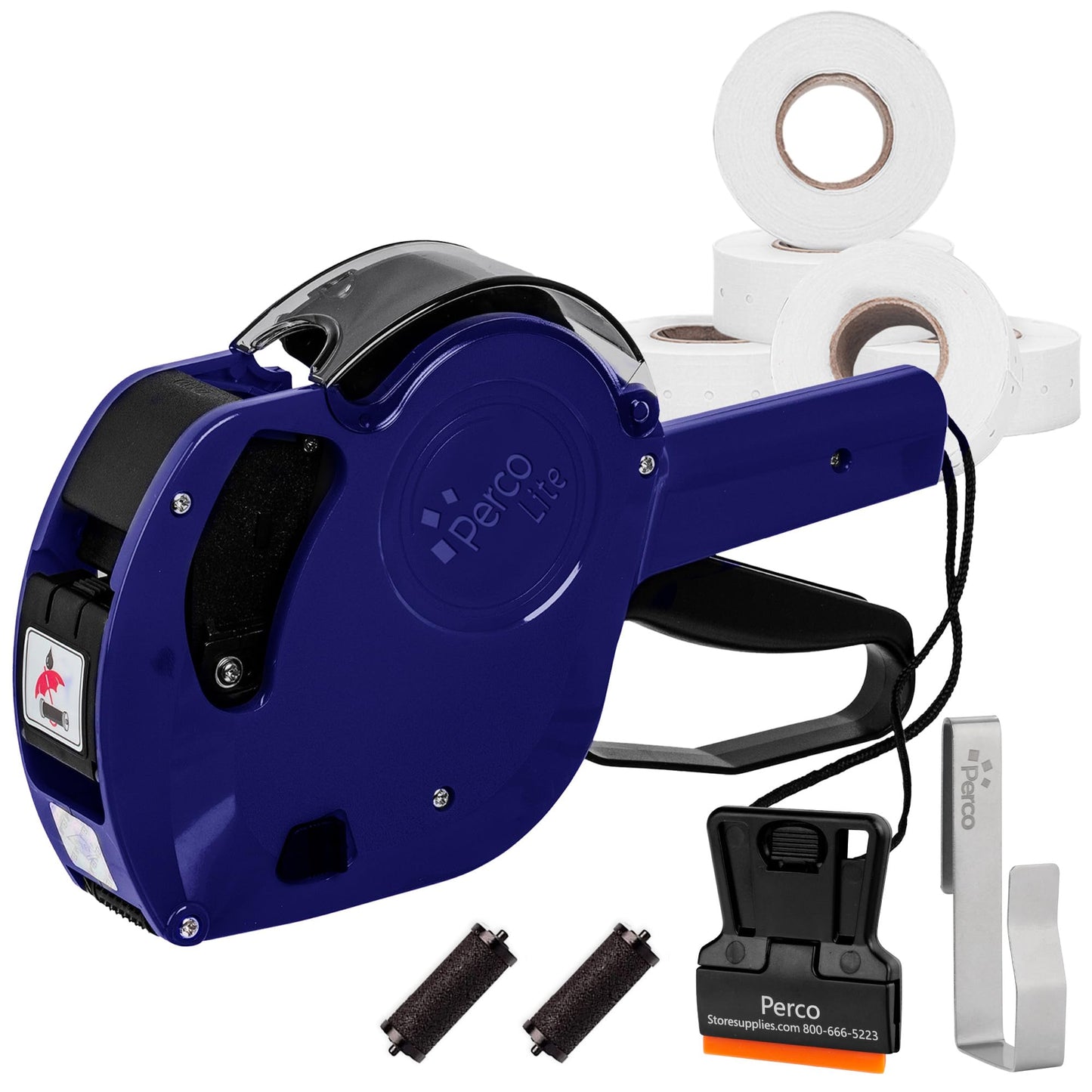 Perco Lite 1 Line Date Gun Kit for Retail Business – Includes 5 White Rolls, Gun Clip & Ink Rollers – Pre-Loaded w Labels & Ink