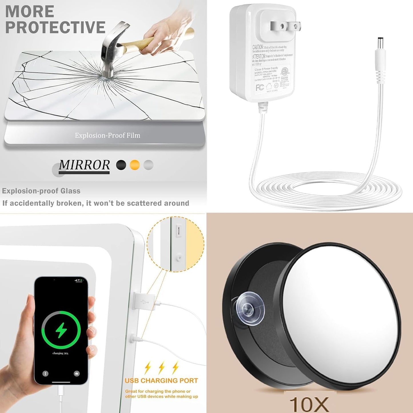 Gvnkvn Makeup Vanity Mirror with USB Charging Port 24" x 19" Large LED Makeup Mirror, Desk Mirorr with Lights, Light up Mirror with 10X Magnification and, Dimmable 3 Modes, Touch Control White