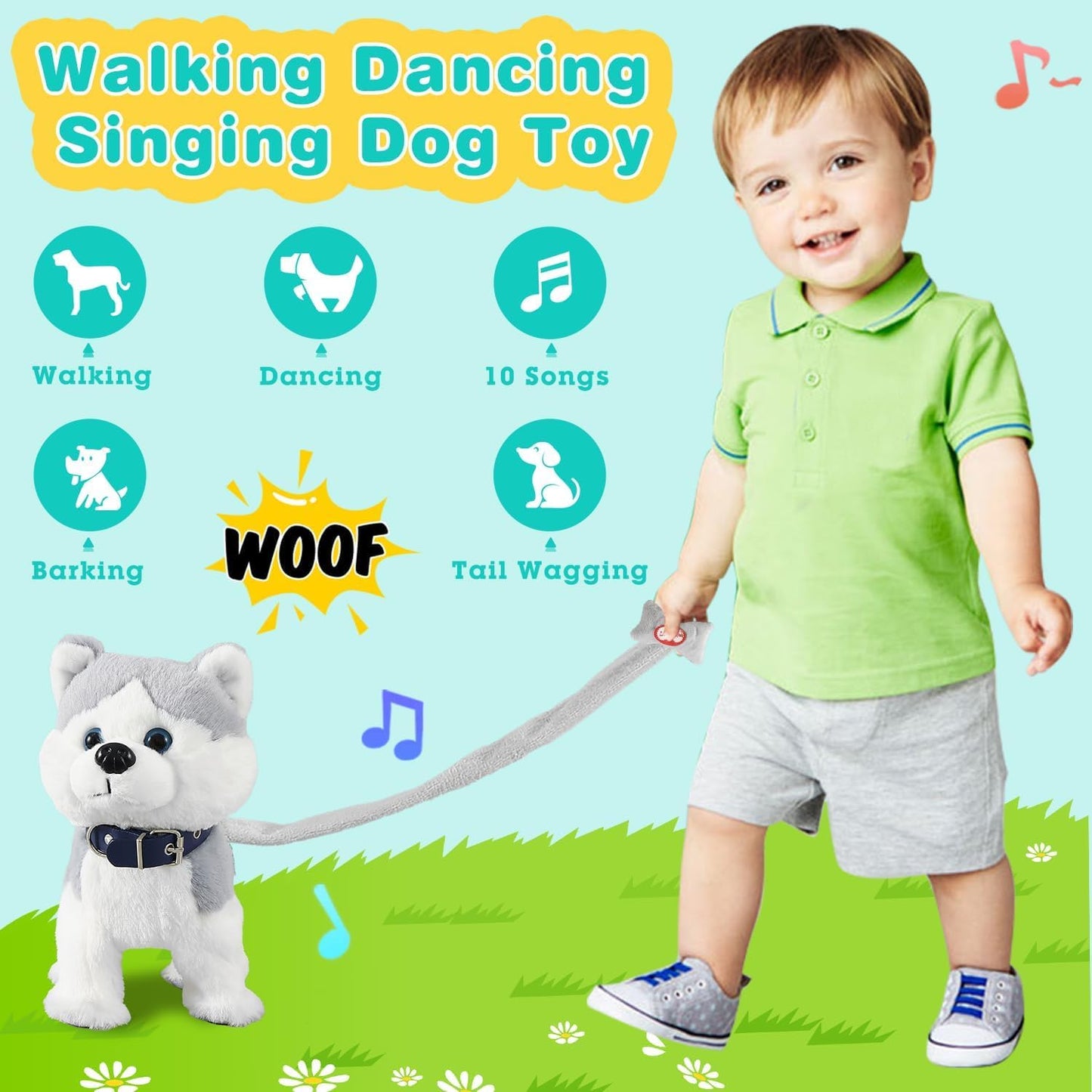 Marsjoy Husky Walking Dog Toy Musical Singing Dancing Plush Interactive Puppy with Leash Robot Plush Stuffed Animal Shaking Toy for Boys Girls