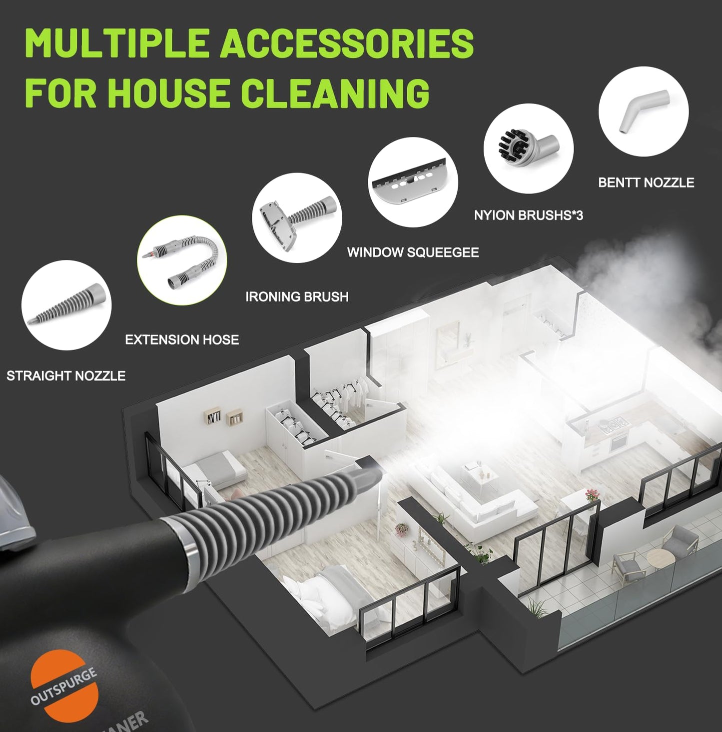 Outspurge Handheld Steam Cleaner, Pressurized Multi-Surface Steam Shot with 13 Accessories, Safety Lock, Steamer for Cleaning Floor, Upholstery, Grout, Windows, Couch and Car (Black)