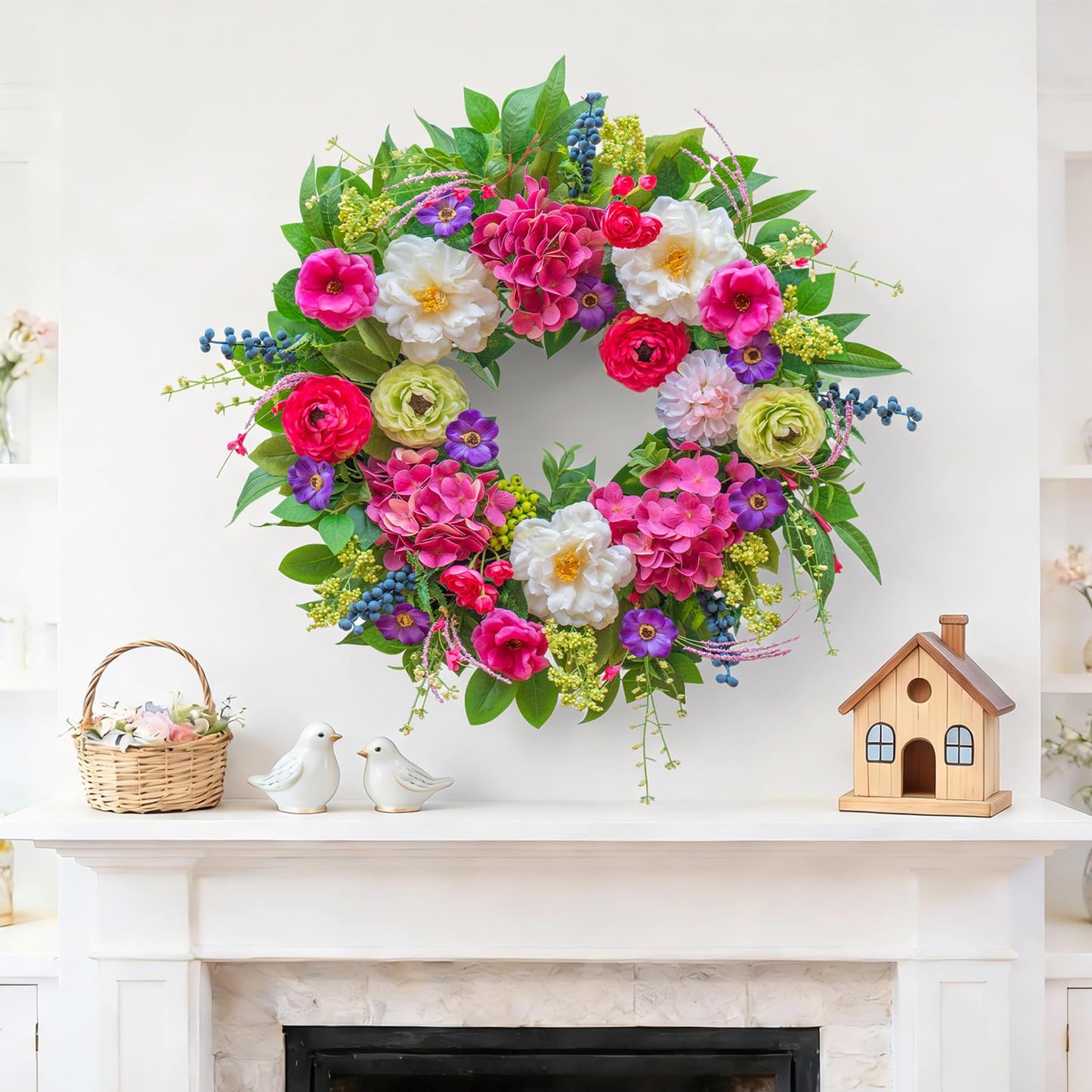 Pinkpuii Spring Wreaths for Front Door 24 Inch Lush Spring Door Wreath with Pink Peonies, Roses, White Blooms & Greenery, Garden Style Summer Flower Wreath for Front Porch, Entryway & Wall Window