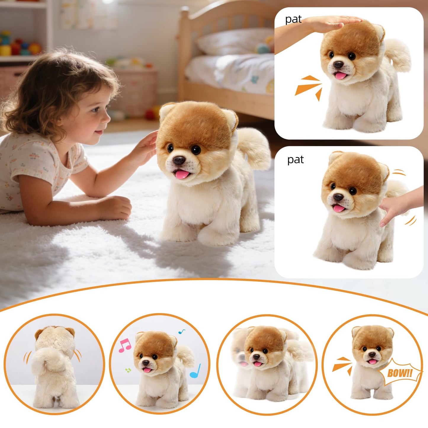 CU-MATE Plush Interactive Pomeranian Dog-Realistic Puppy Electronic Toy Dog with Walking/Barking/Wagging Tail/Talking- Robotic Pet Toy Present for Toddler Girls Boys