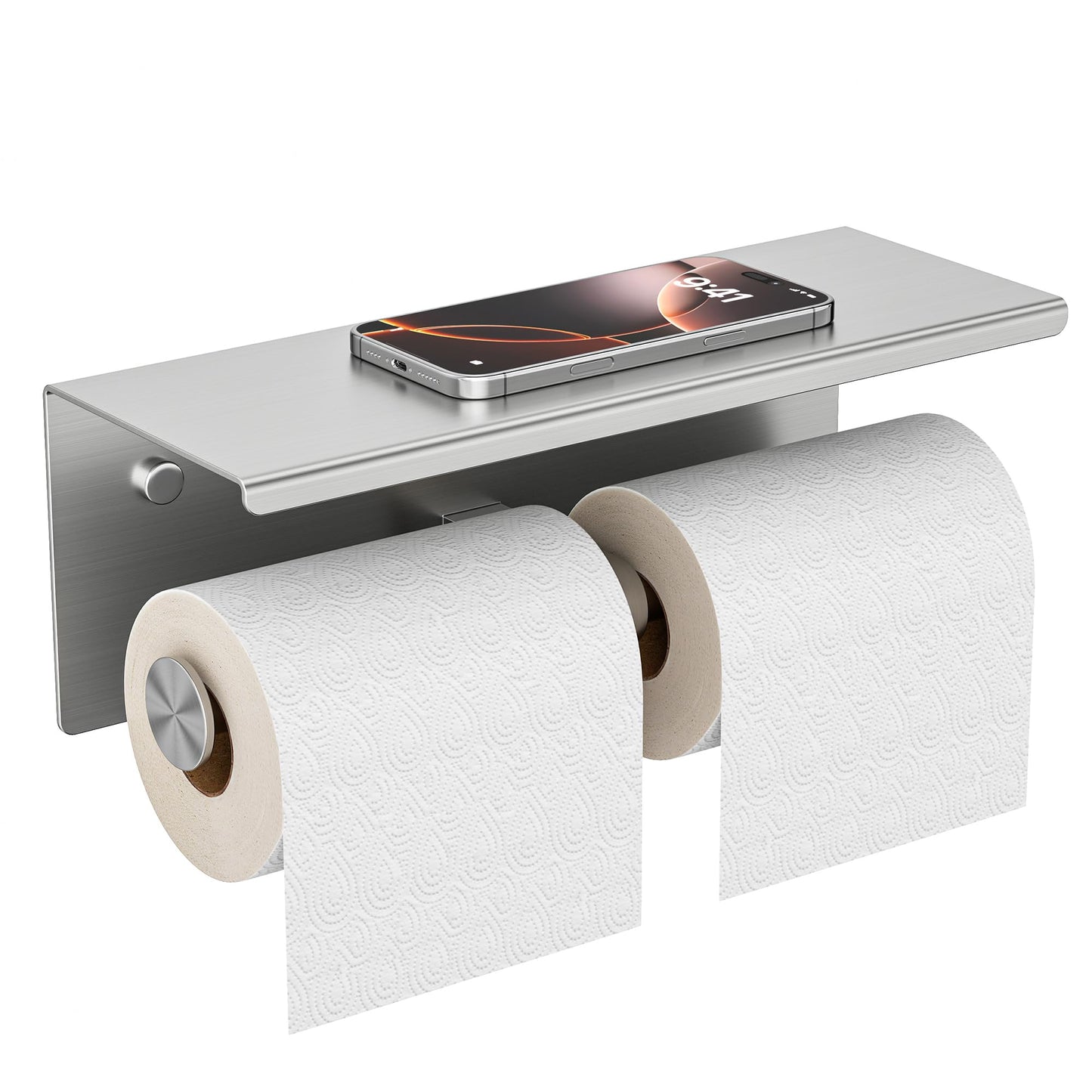 FORIOUS 2 Pack Double Toilet Paper Holder with Shelf, Wall Mount Tissue Roll Holder for Bathroom, 304 Stainless Steel Commercial Toilet Tissue Dispensers with Phone Shelf, Stainless Steel
