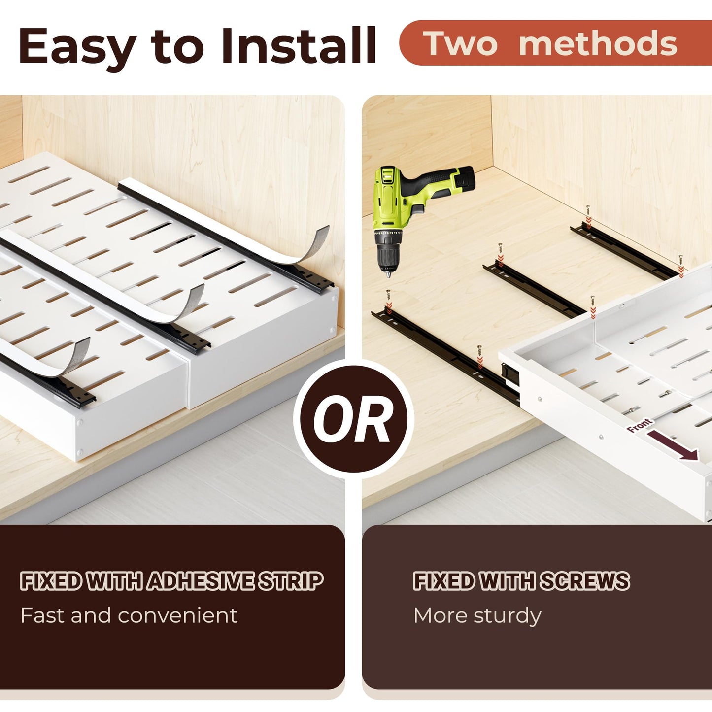 Makfoner 2 Pcs Pull Out Cabinet Organizers, Width (12"-19") and Depth (17"-23") Expandable With 3 Slides, No Drill Slide out Drawers Adhesive Film or Nail Cabinets Without Lip in Kitchen, Bathroom