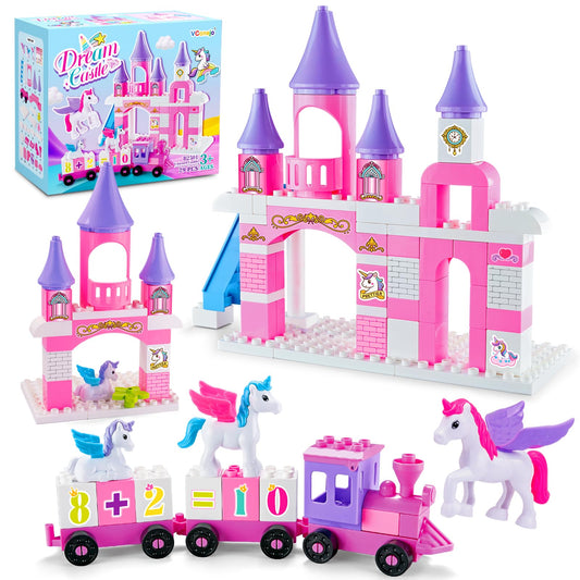 Classic Building Blocks for Toddlers - Compatible with Major Brands, Unicorn Theme Princess Castle & Number Trains Classic Bricks, Creative Educational Buildable Kits for Girls Boys Ages 3, 4, 5, 6-12