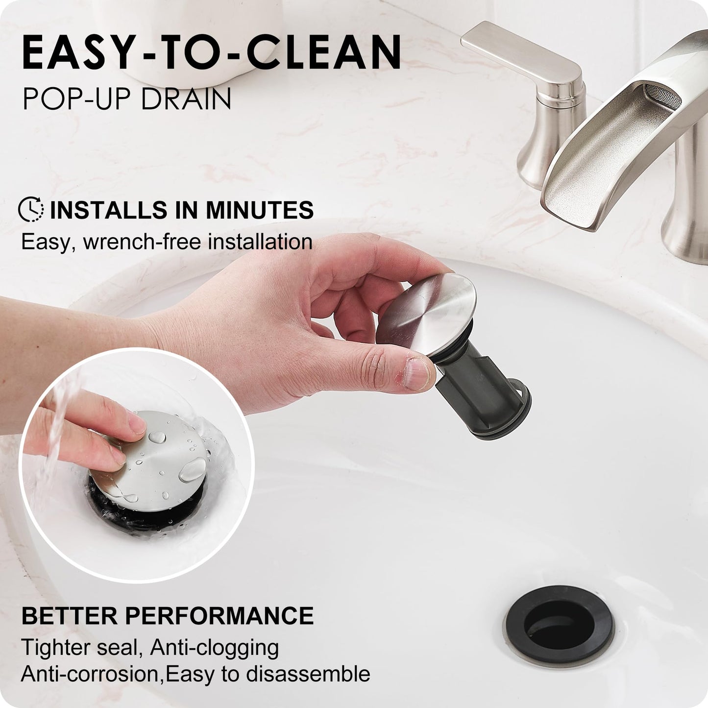 HOIGY Brushed Nickel Bathroom Faucet 3 Hole, 4-8 Inch Waterfall Bathroom Sink Faucet Widespread with Drain & cUPC Supply Hose, 2 Handles for Vanity, Lavatory, Restroom, Brass Material, 10 Mins Install