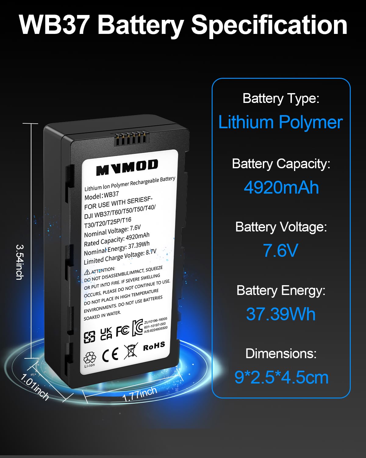 MVMOD WB37 Intelligent Battery for DJI FPV Remote Controller, 4920mAh 7.6V WB37 Replacement Battery for DJI High-Bright Remote Monitor, FPV CrystalSky Monitor and Cendence Controller