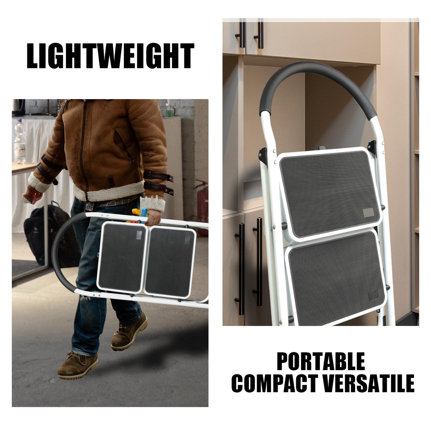 Big RED 2 Step Ladder: Ergonomic Folding Stool with Anti-Slip Pedal, Step Stool with Padded Handle for Kitchen, Household, Offices. 400 lb Capacity