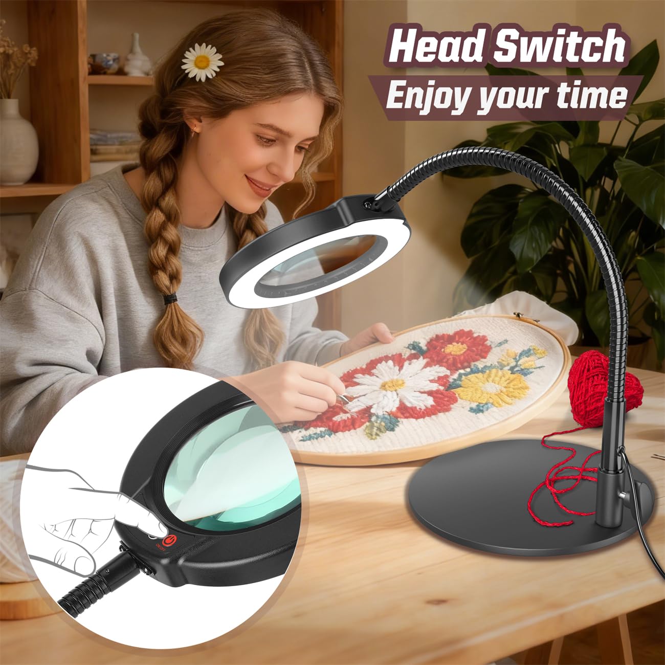 Krstlv 10X Magnifying Glass with Light and Stand, 16.5in Flexible Goose-Neck, 5 Color Modes Stepless Dimmable LED Lighted Desk Lamp, Hands Free Magnifier for Crafting Hobby Painting Close Work - Black