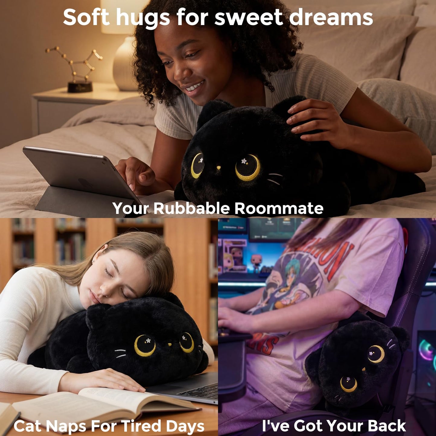 Cute Black Cat Plush Pillow, Kawaii Plushies Black Cat Stuffed Animals, Squishy Plushies, Cuddle Plush Pillow for Kids & Girls (20 Inch)