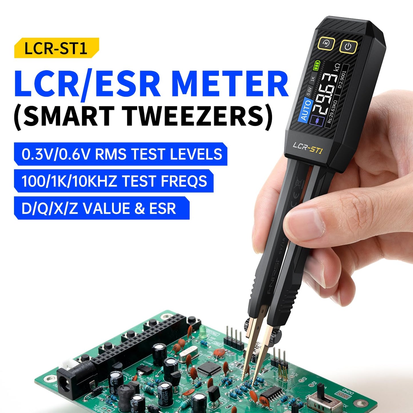 FNIRSI LCR-ST1 10KHz LCR Meter Tweezer, Mini Smart SMD Tester, ESR Meter, Multimeter, Capacitance Inductance Continuity Diode Tester, Auto Component Recognition Electronic Component Analyze