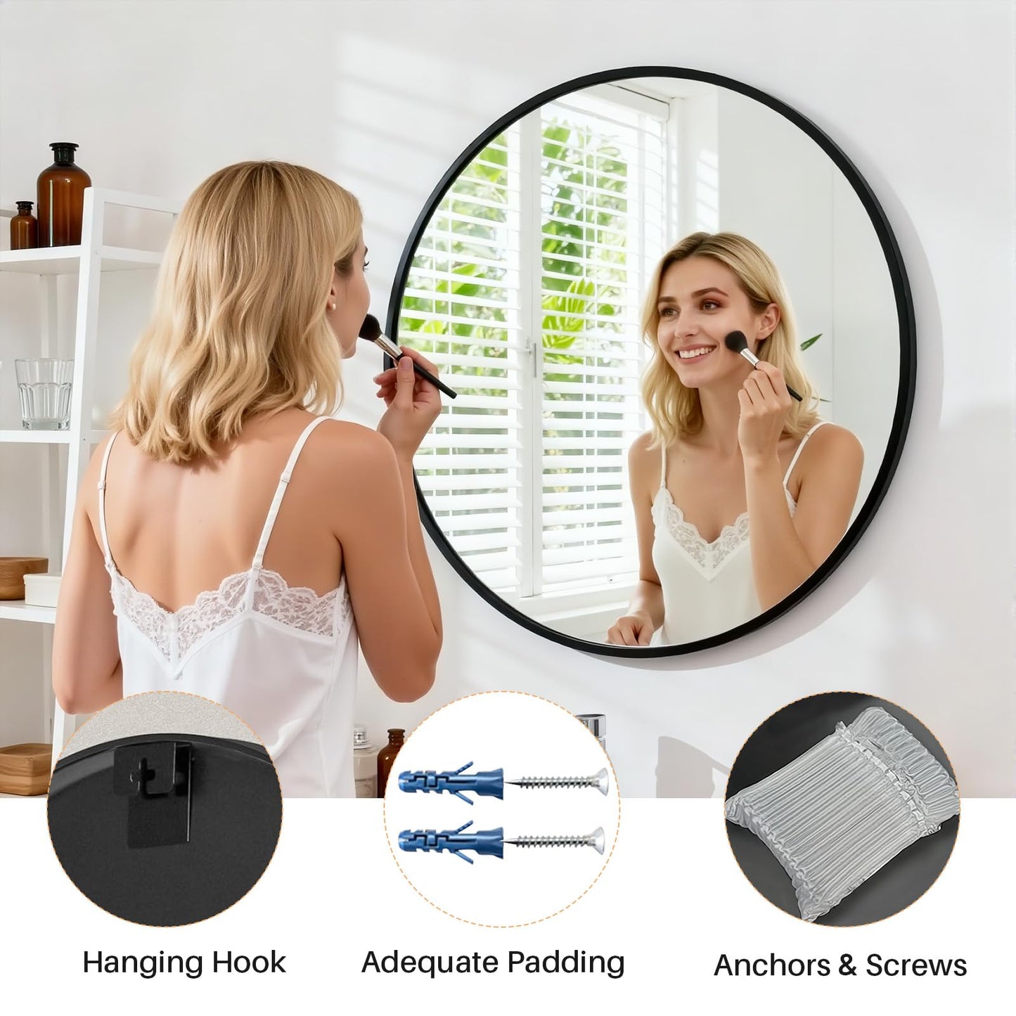 Atilioo Bathroom Mirror for Wall, 30 Inch Round Mirror, Matte Black Metal Framed Circle Vanity Mirror for Bathroom Bedroom Living Room Entryway, Anti-Rust, Tempered Glass, Hanging or Leaning
