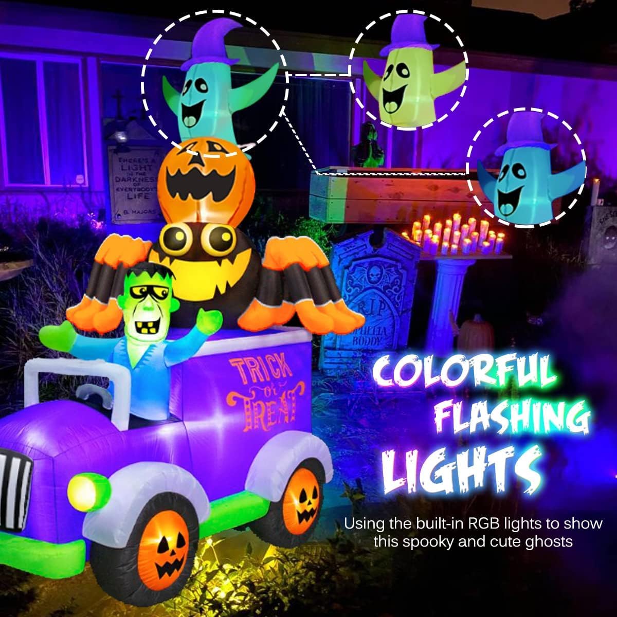 BLOWOUT FUN 8ft Halloween Inflatable Horror Frankenstein Driving A Car with Spider, Pumpkin and Ghost, LED Blow Up Lighted Decor Indoor Outdoor Holiday Art Decorations
