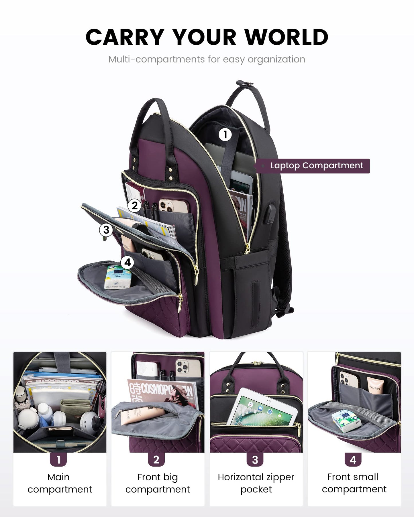 LOVEVOOK Laptop Backpack Purse for Women, 15.6" Laptop Bag for Travel with USB Port, Water Resistant Lightweight Daypacks for College Work Business, Nurse Teacher Computer Bags, Purple Black