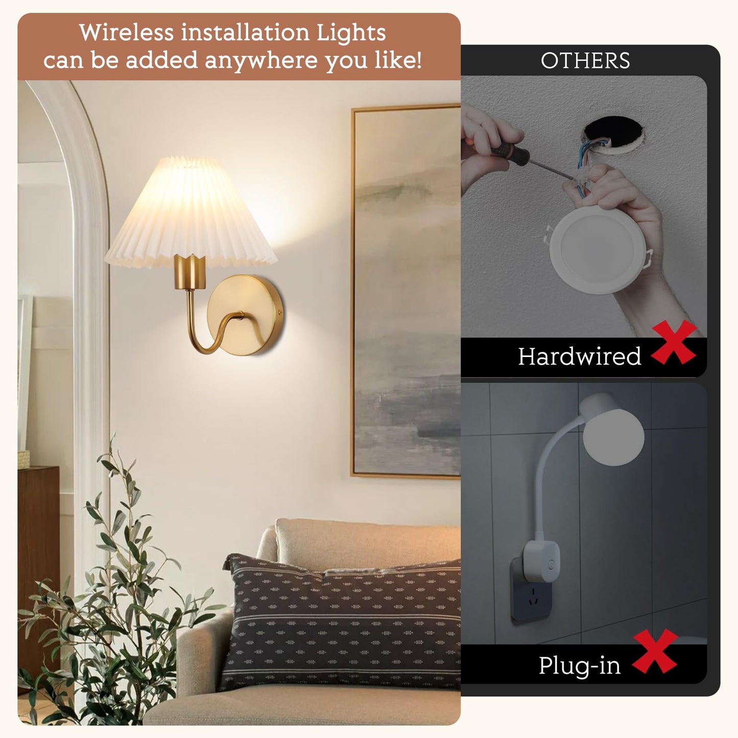 Wireless Wall Sconce Sets of 2, Pleated Shades Rechargeable Battery Operated Wall Sconce, Retro gooseneck Gold Wall Lights Bathroom Vanity Sconces, Wall Mounted Lamps for Bedroom Living Room Kitchen