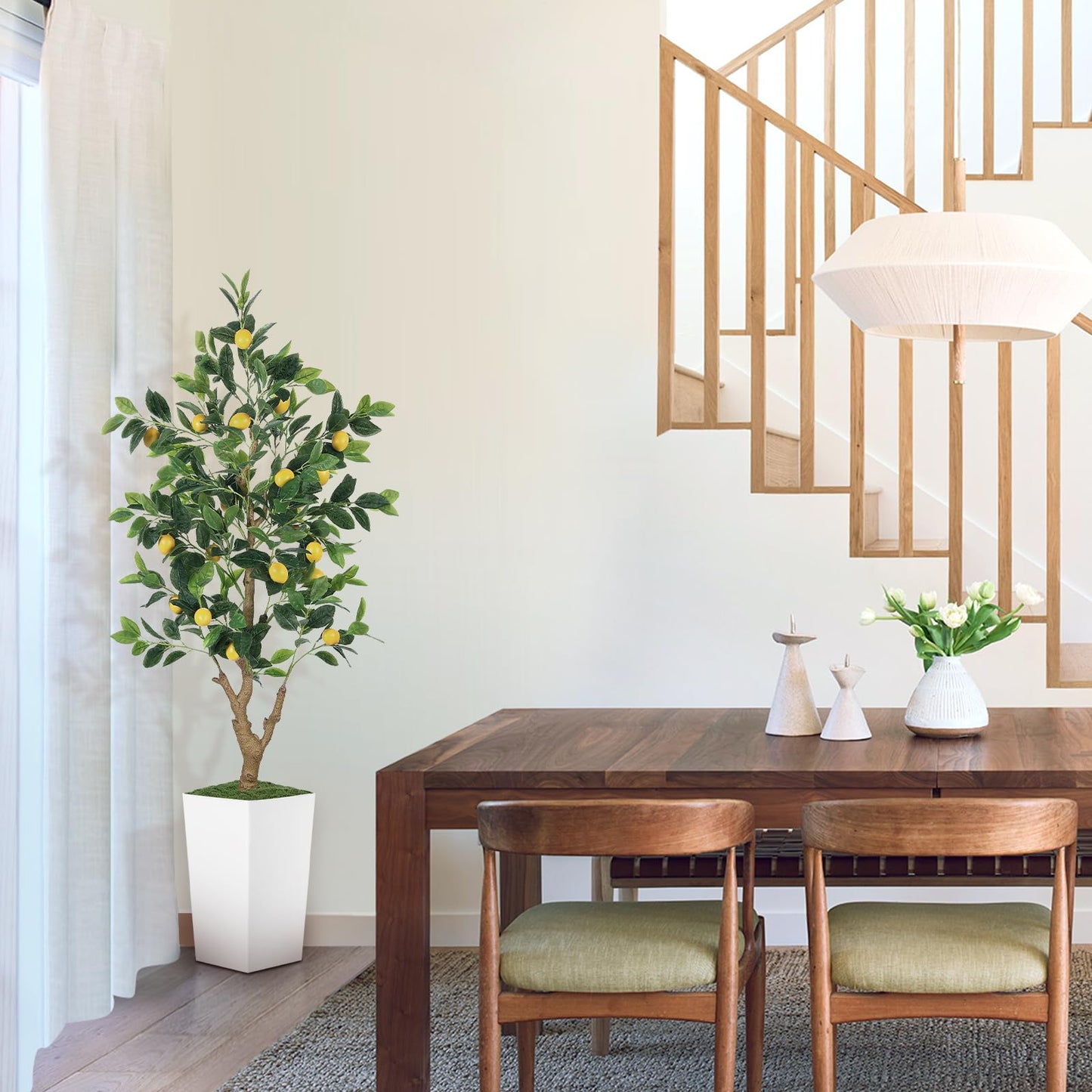 PHYTREE 5FT Artificial Lemon Tree with Pot - 60" Fake Lemon Tree with White Tall Planter, Faux Lemon Plant with Realistic Fruits and Silk Leaves, Artificial Plants Indoor for Home Office Kitchen Decor