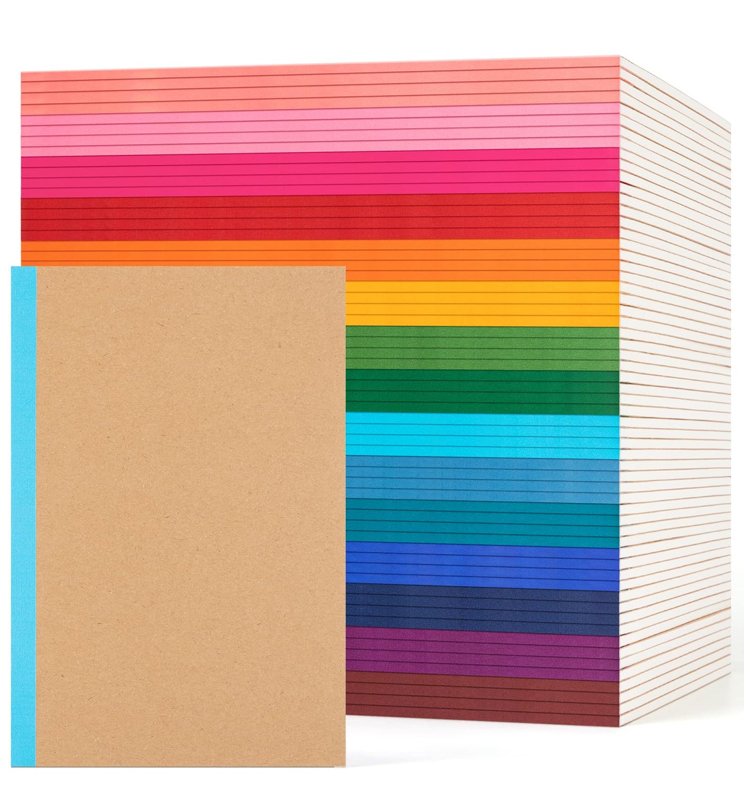 ALKALO 60 Pack Lined Notebook Journals Bulk, A5 College Ruled Composition Notebook, 8.3”x 5.5”, Kraft Cover with Rainbow Spines, 15 Colors 60 Pages for School Office Travel