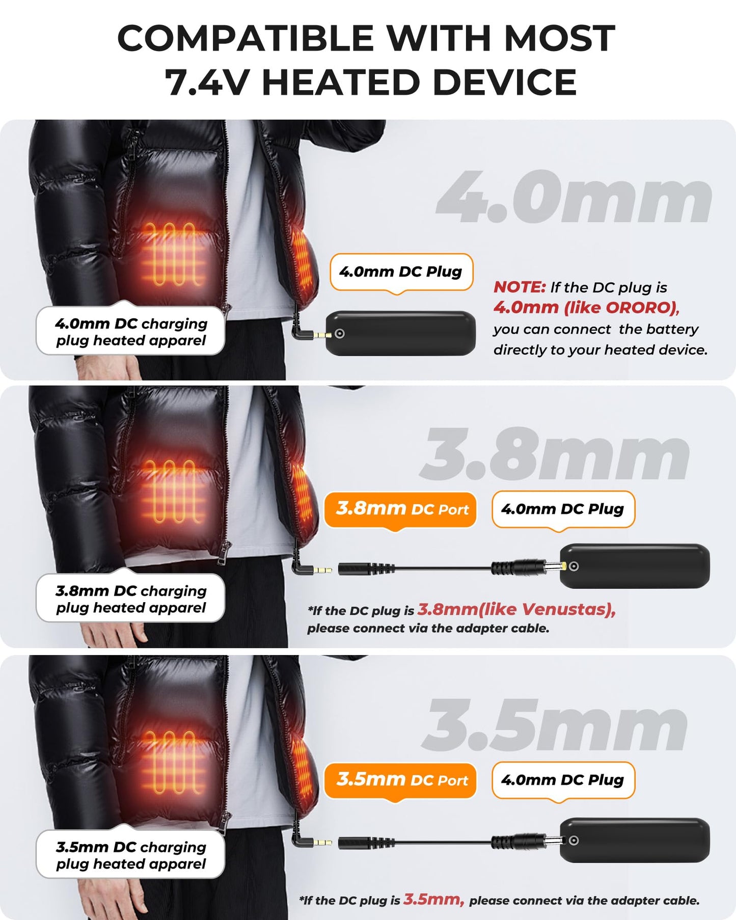 7.4V 18400mAh Heated Vest Battery Pack for ORORO, for Venustas, Portable 7.4V Battery Pack for Heated Jacket with 2 Adapter Cables, Power Bank for Heated Vest, Jacket, Pant(No for 5V Heated Device)