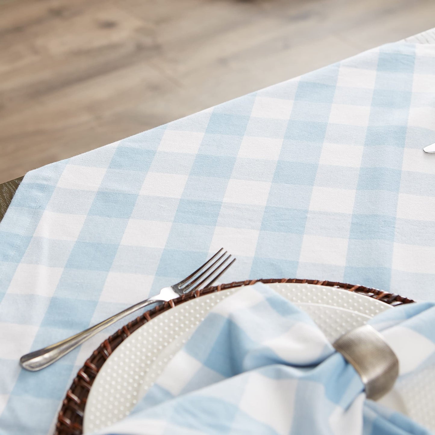DII Buffalo Check Collection, Classic Farmhouse Tablecloth, 60 x 104, Light Blue & White
