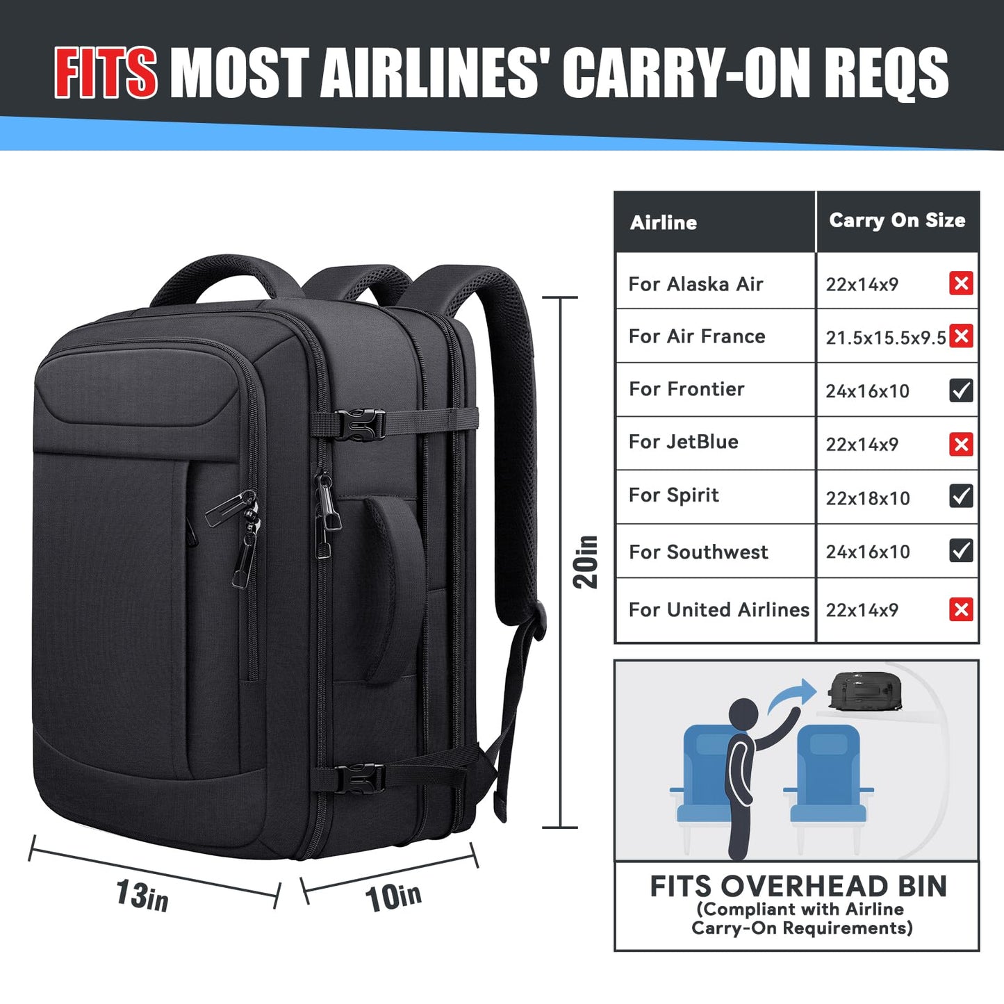 Travel Backpack, Expandable 50L Carry On Backpack, Extra Large Anti-Theft TSA Flight Approved Large Weekender Daypack Bag for Men and Women, Waterproof Pocket Lightweight Travel Gifts for Men, Black