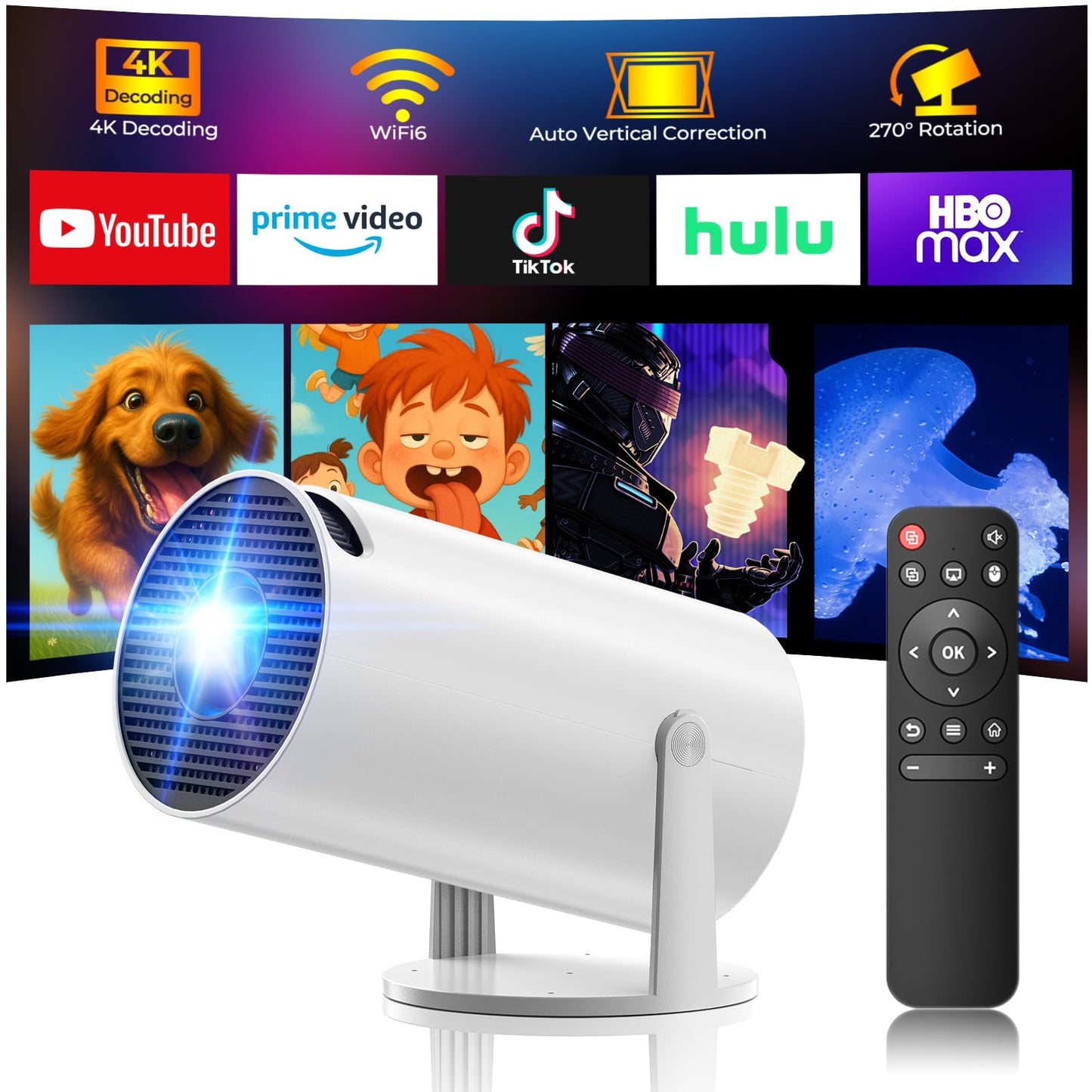 Mini Projector with WiFi and Bluetooth, 4K Projector, Portable Projector for Bedroom, Smart Projector of 270° Rotatable 130'' Projector Screen Compatible with iphone/TV Stick/HDMI/USB/Laptop