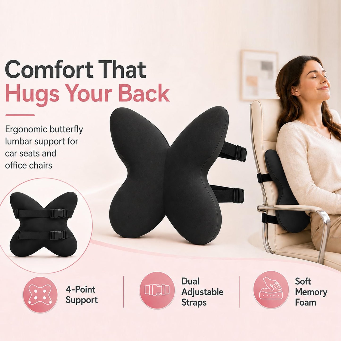 FoKon Memory Foam Lumbar Support Pillow,Back Support for Office Chair,Back Pillow for Chair,Ergonomic Lower Back Cushion for Desk Chair,Computer Chair,Gaming Chair and Car Seat,Washable Cover（Black）