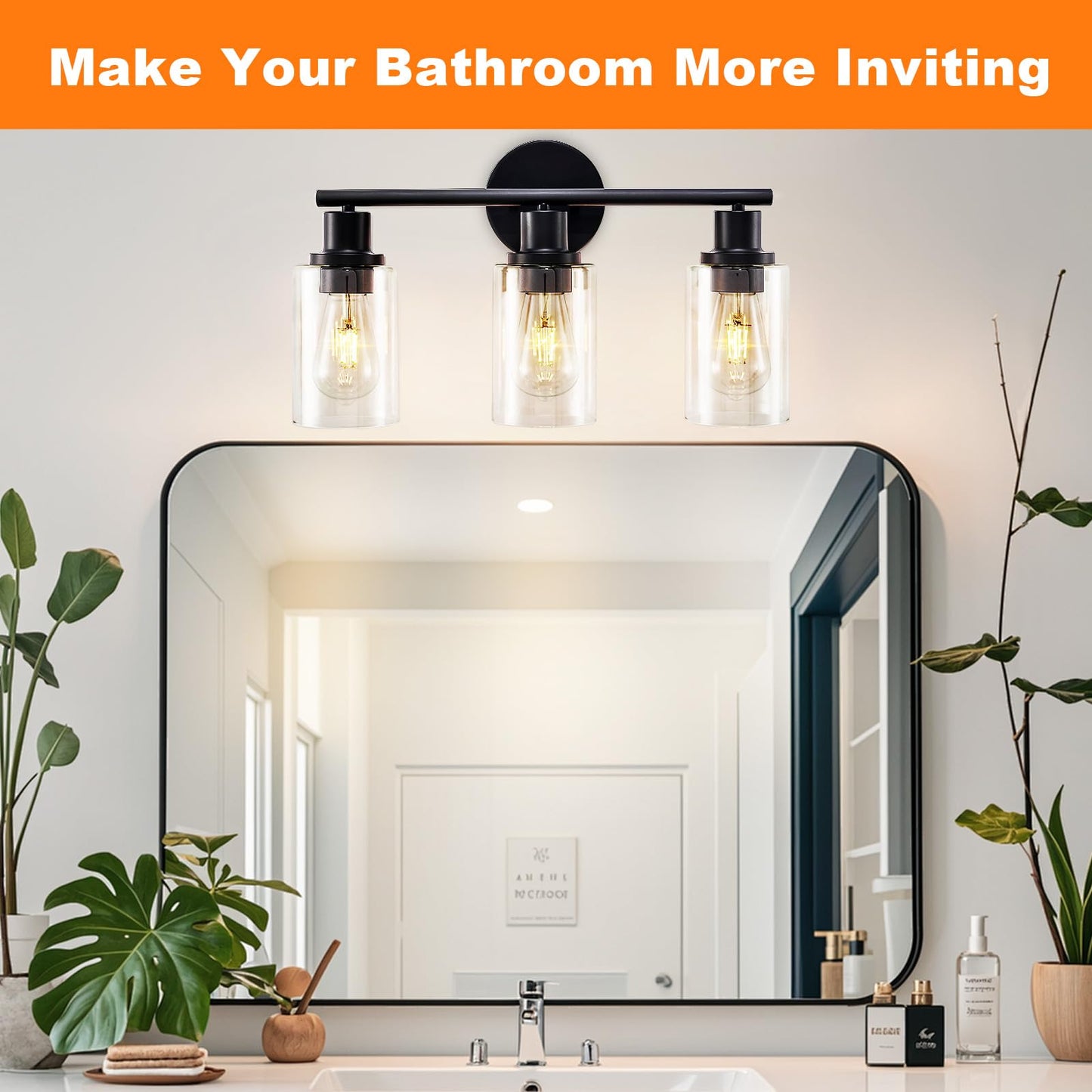 DLLT 3-Light Bathroom Light Fixtures: Set of 2 Black Modern Vanity Lights with Clear Glass Shade - 18.51" Bathroom Wall Lamp for Mirror Kitchen Living Room