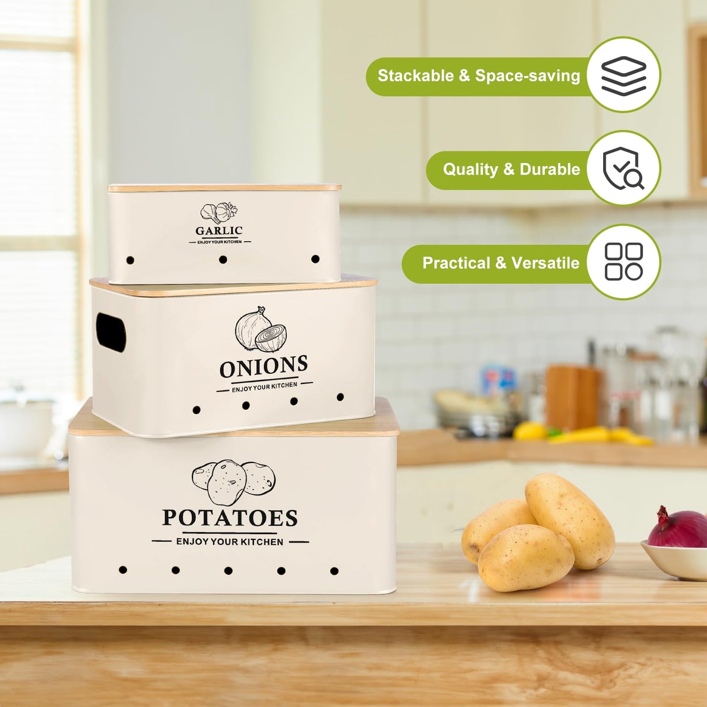 Dekosilave Kitchen Vegetable Storage Set of 3, Metal Onion Garlic Potato Storage Set, Kitchen Canisters Vegetable Keeper Containers with Aerating Holes and Wooden Lid (Beige)