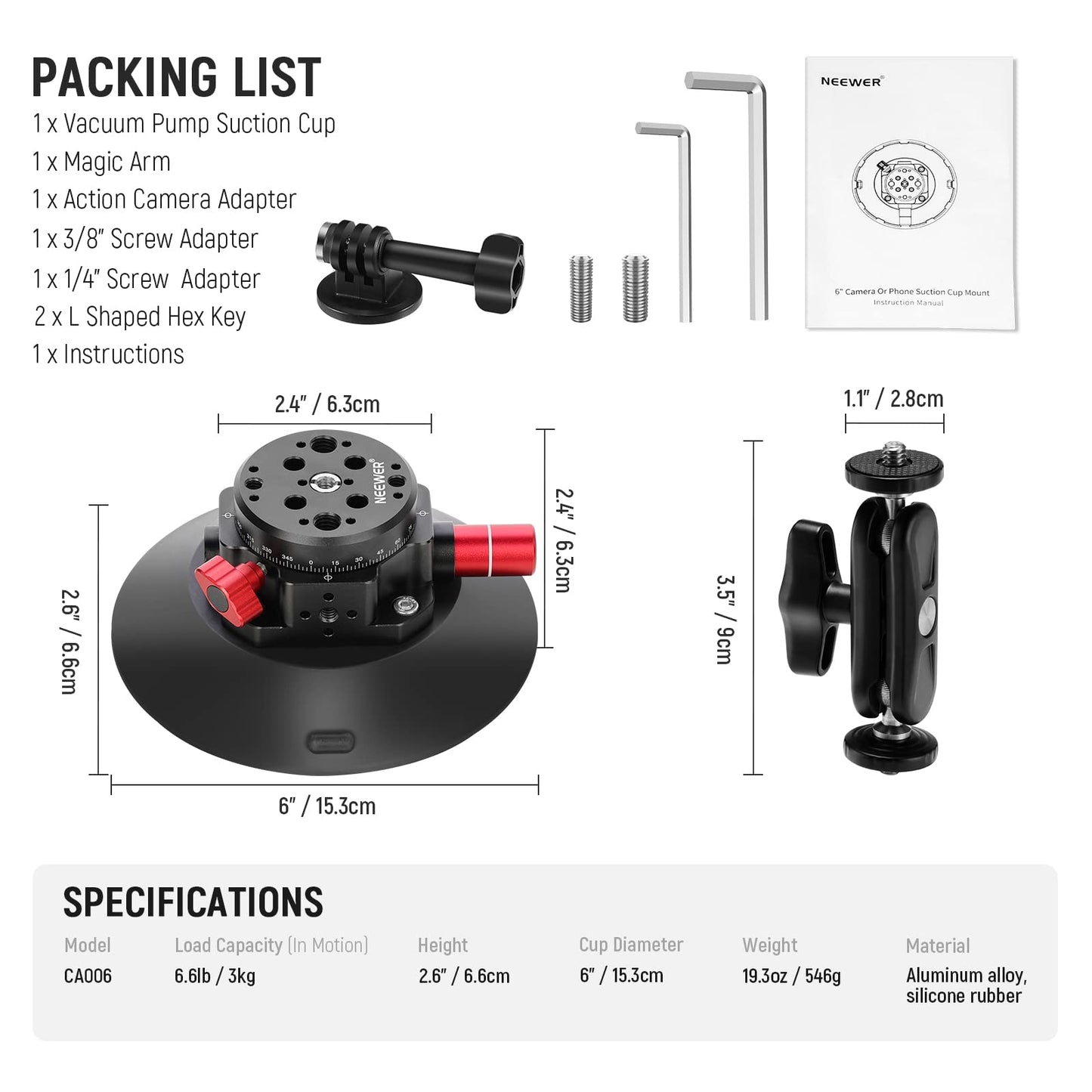 NEEWER 6"/15.2cm Camera Suction Cup Mount with Ball Head Magic Arm, Metal Suction Cup Mount on Car Windshield Dash for Camera/Action Camera/Phone Holder, with 1/4" & 3/8" Mounting Holes for ARRI