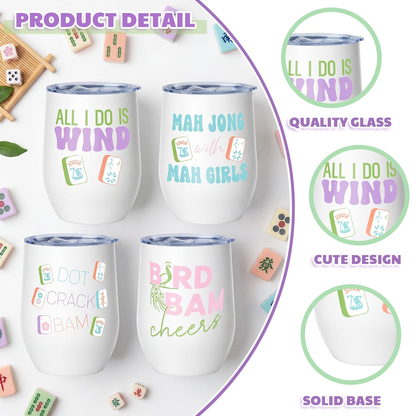 Patelai 4 Pcs Mahjong Tiles Accessories Tumbler, Mah Jong Gifts Stainless Steel Tumbler with Lid and Straw 12oz, Gifts for Mah Jong Players Lovers Travel Coffee Cup(12 oz,Cute Mahjong)