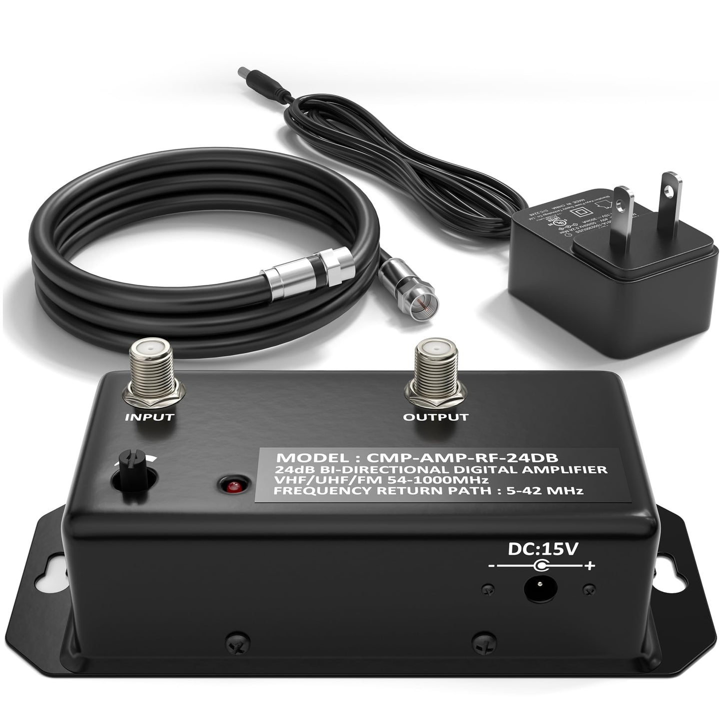 THE CIMPLE CO Antenna Amplifier Kit, Digital TV Signal Booster with Coax, Adjustable Gain, 24 dB Distribution, NTSC, ATSC, FM, UHF, VHF, 1000 MHz, Includes RG6 Coaxial Cable, Indoor Use Only