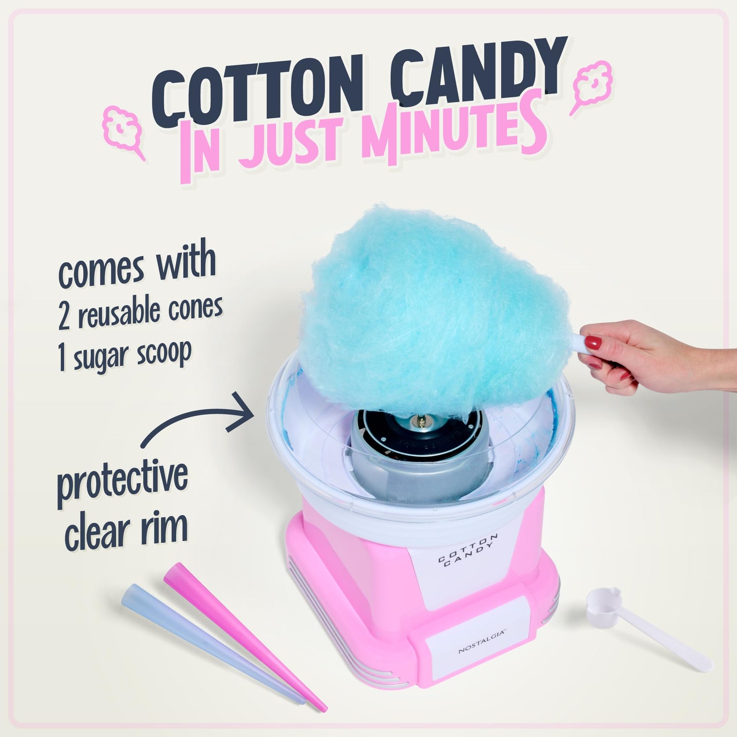 Nostalgia Cotton Candy Machine - Retro Cotton Candy Machine for Kids with 2 Reusable Cones, 1 Sugar Scoop, and 1 Extractor Head – Pink
