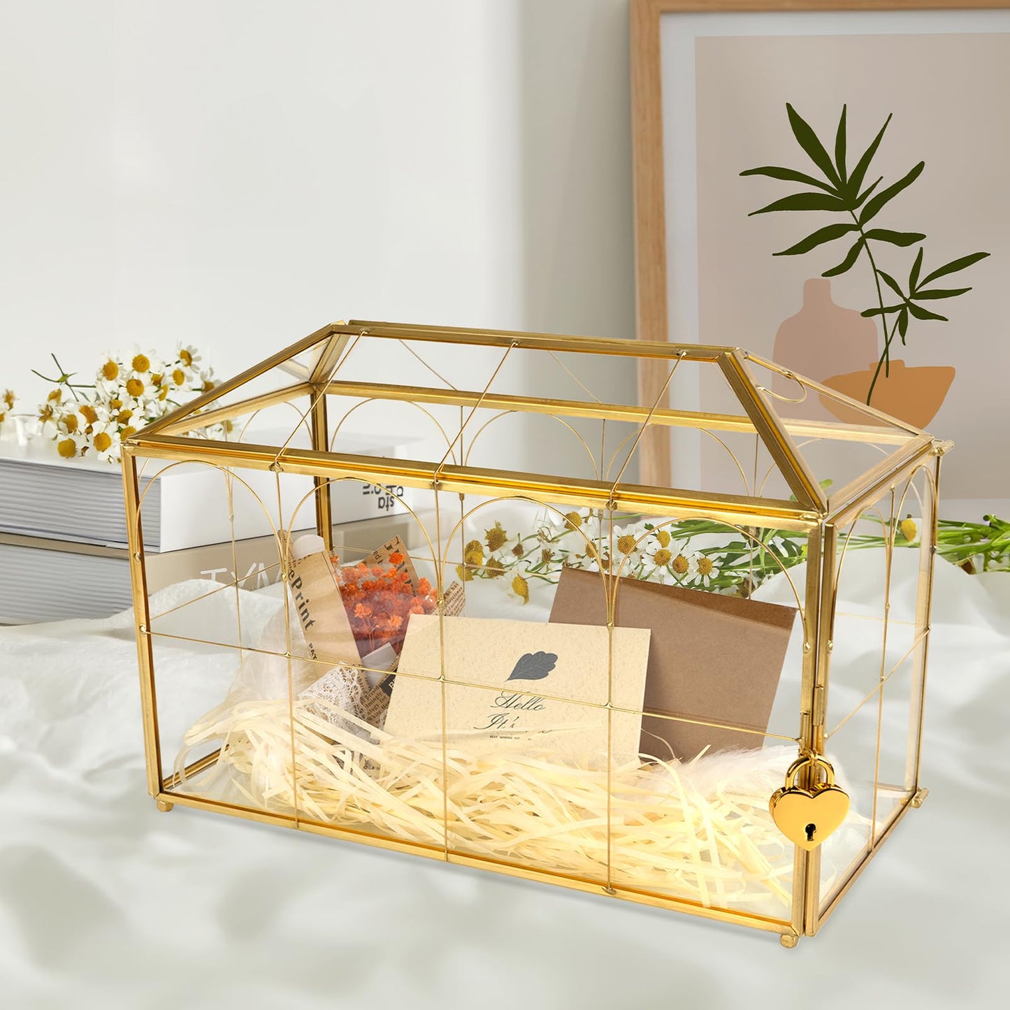 Atzciyr Wedding Glass Cards Box with Slot - 12.6 x 5.9 x 9 inch, Envelope Card for Birthday Party Reception Box, Home Tabletop Decor Clear Gold Terrarium with Lock Glass Terrarium