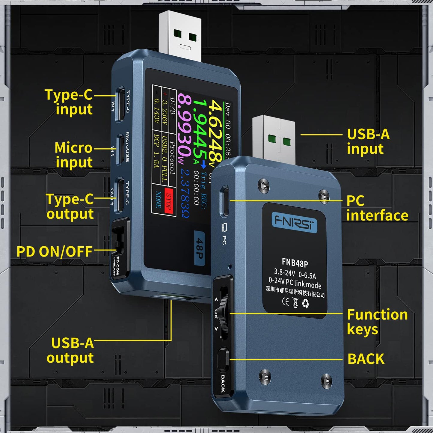 FNIRSI USB Tester 4-24V 6.5A LCD USB A&C Voltage Current Power Display Multimeter with App Software, Fast Charge Detection Trigger, PD2.0/PD3.0,QC2.0/QC3.0, CNC Metal Shell