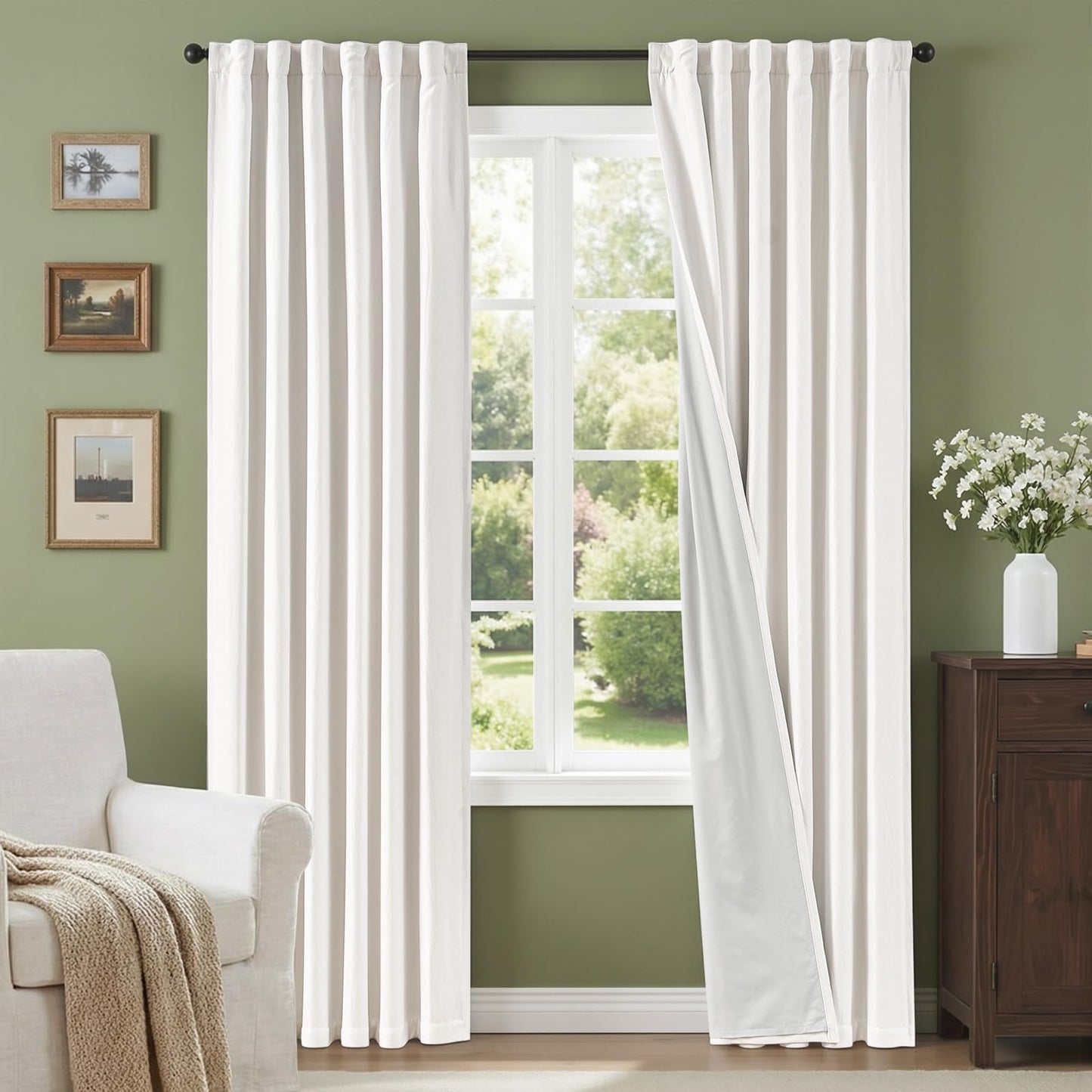 100% Blackout Curtains for Bedroom Decor White Linen Textured Curtains with Liner Insulated Thermal Curtains for Living Room 84 Inch Long 2 Panels Noise Reducing Blackout Drapes Back Tab Window Drapes